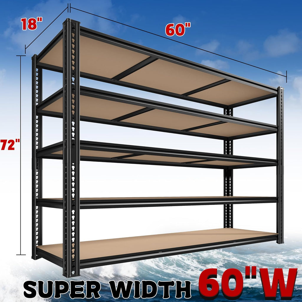 ROOMFAVE 60' W Garage Shelving 72' H Metal Shelving 3500LBS Storage Shelves Heavy Duty 5 Tier Adjustable Shelving Unit for Storage Rack Pantry Shelf Industrial Commercial,60' W x 18' D x 72' H