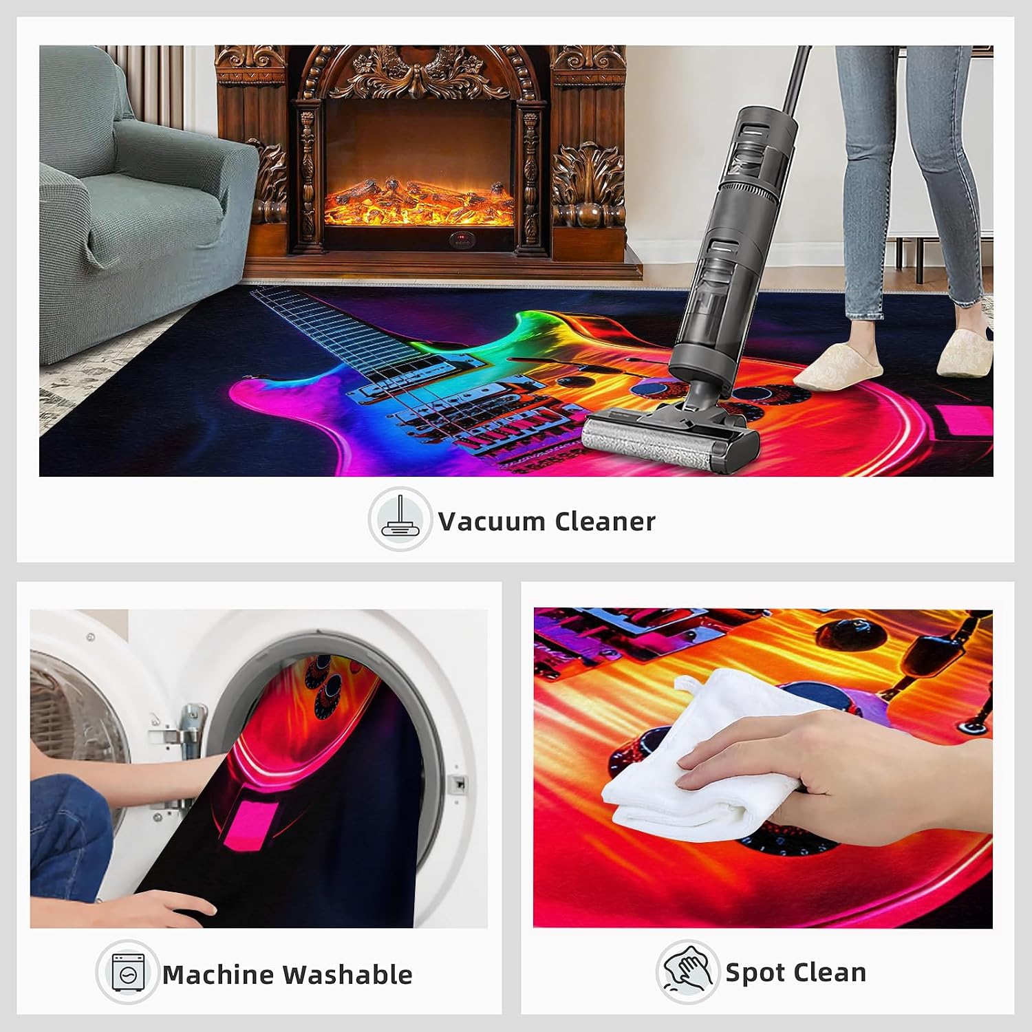 Guitar Rug, Music Rugs for Bedroom 6x8 Rug, Rock Guitar Area Rug, Rugs for Living Room, Non Slip Washable Carpet for Kids Room Home Decor