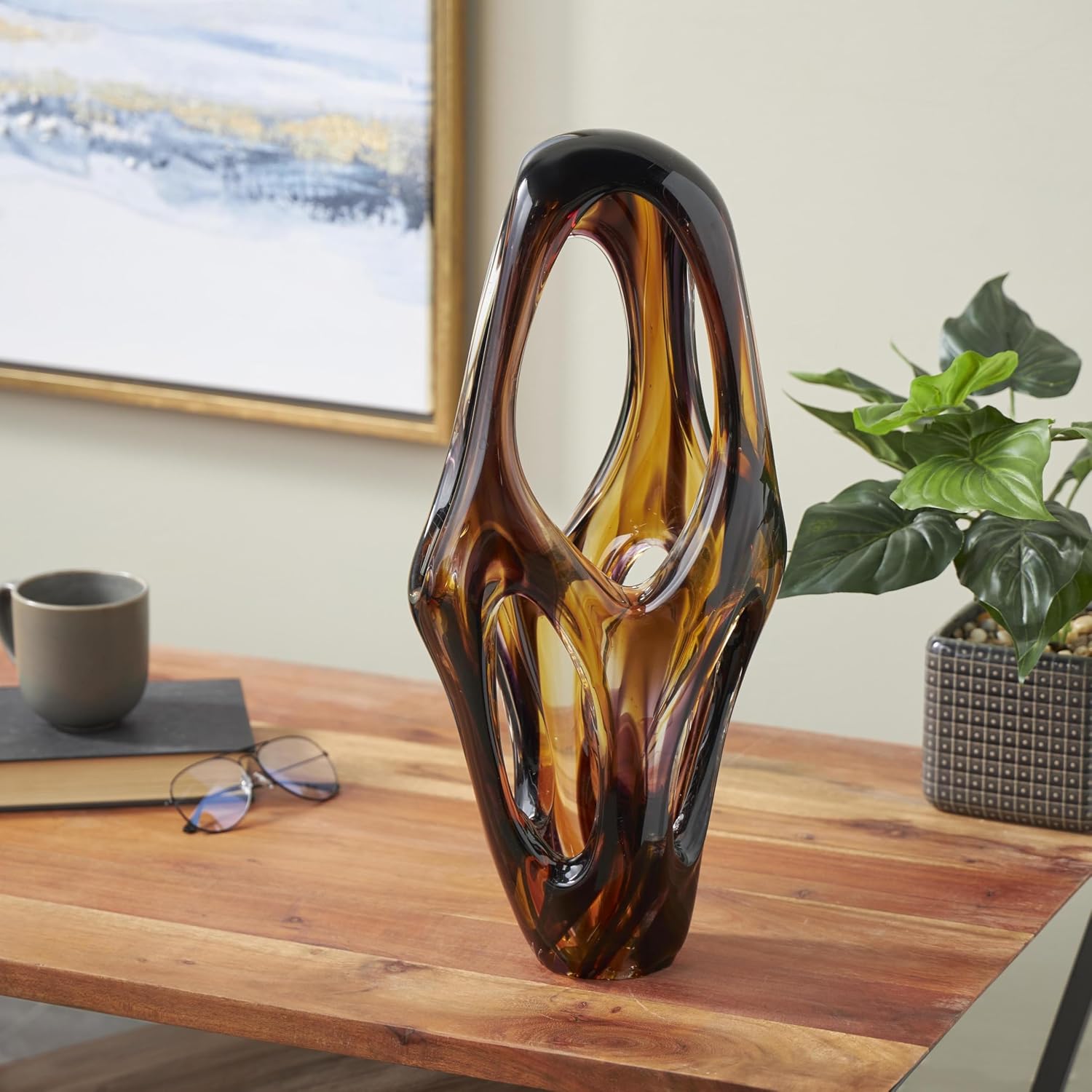 Deco 79 Glass Abstract Decorative Sculpture Cutout Home Decor Statue with Pink and Amber Accents, Accent Figurine 9' x 6' x 20', Yellow