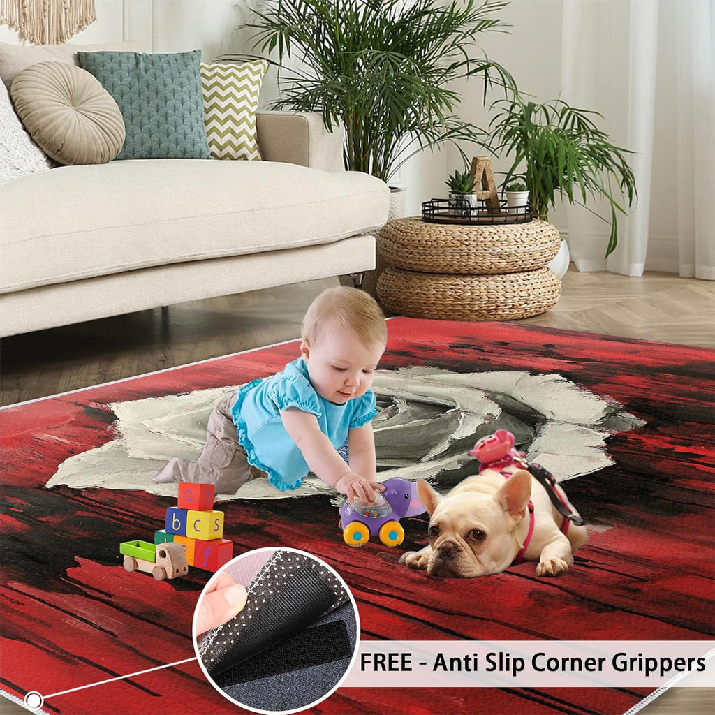 Rose Rug 6x8-6x8 Rug, Black and Red Rose Area Rugs for Living Room Bedroom, Abstract Area Rugs, Gothic Washable Carpet, Halloween Carpet, Floral Home Decor & Gifts