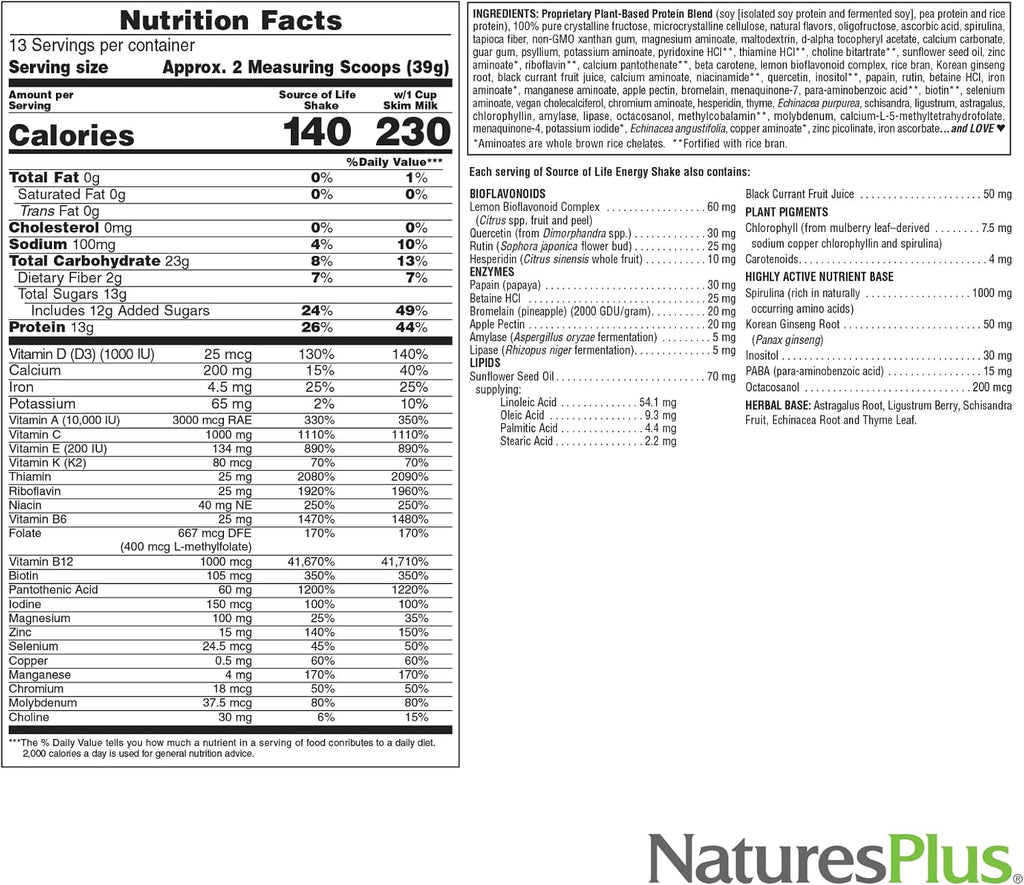 NaturesPlus Source of Life Energy Shake, Creamy Granola - 2.2 lbs, Pack of 2 - Provides 13g Complete Protein, Vitamins & Minerals - Non-GMO, Gluten Free, Vegetarian - 52 Total Servings