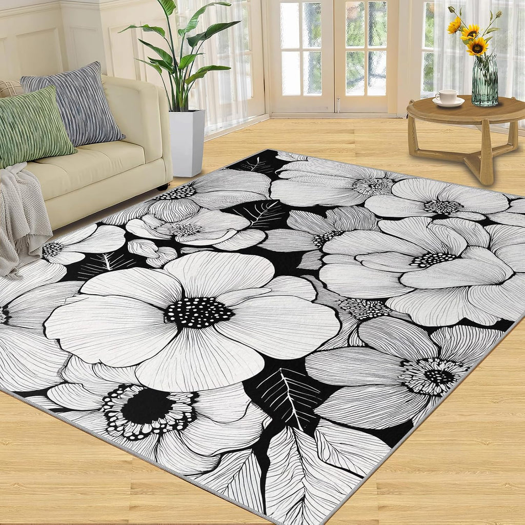 Florals Rugs for Bedroom, Flowers Rug 6x8, Rustic Florals Dining Room Rugs Washable & Non Slip Large Carpet for Home Decor