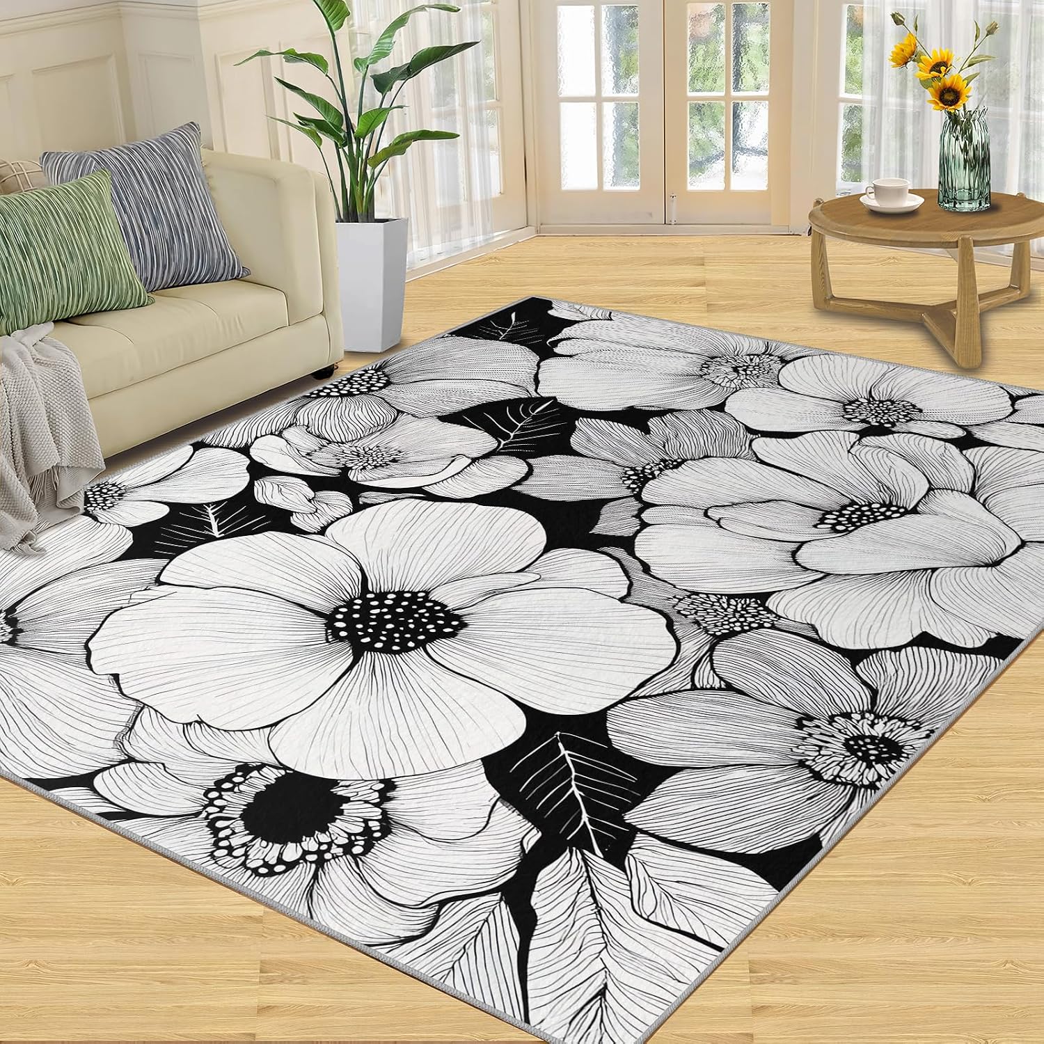 Florals Rugs for Bedroom, Flowers Rug 6x8, Rustic Florals Dining Room Rugs Washable & Non Slip Large Carpet for Home Decor
