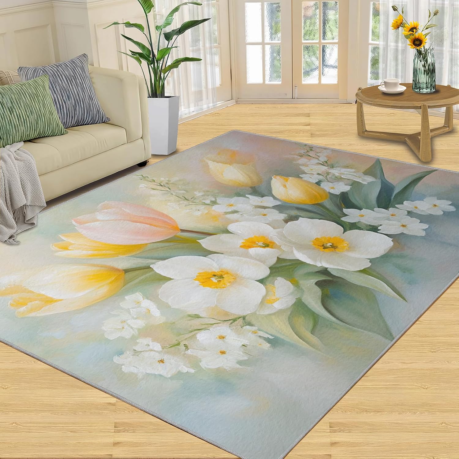 Florals Still Life Rug 6x8 - Oil Painting Florals Large Rugs for Living Room, Simple Flowers Carpet Area Rug for Girls Bedroom Kids Room Basement Office Classroom