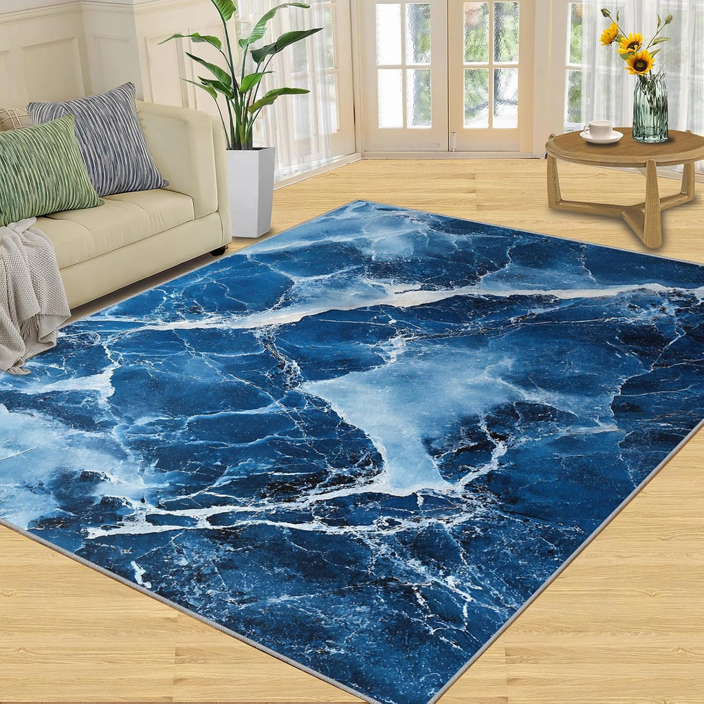 Blue Marble Rug 6x8, Marble Rugs for Bedroom, Cracked Agate Area Rug, Home Decor Rugs for Living Room, Non-Slip Machine Washable Carpet