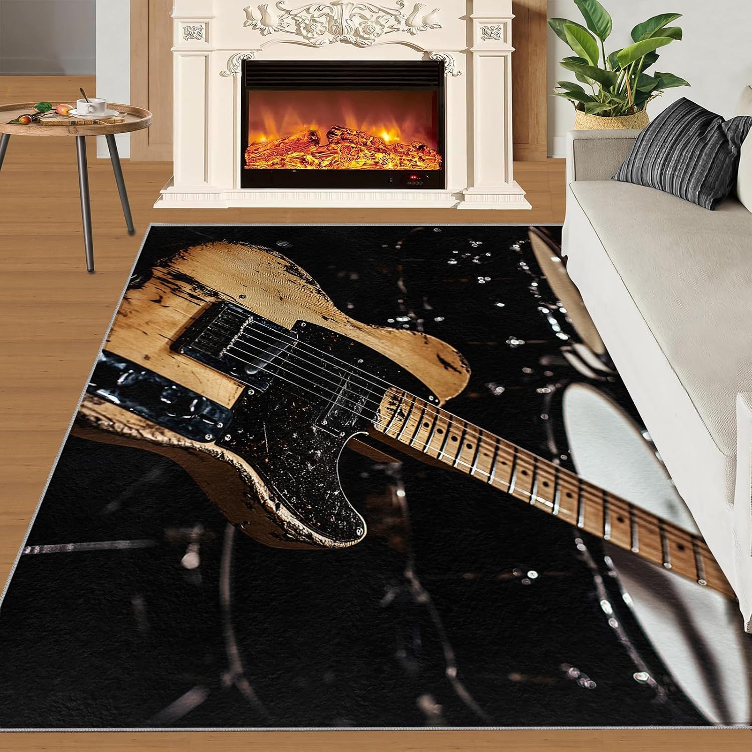 Music Rug 5x7-5x7 Rug, Guitar Area Rugs for Living Room Bedroom, Drum Set Rugs, Acoustic Guitar Washable Carpet, Boys Carpet, Music Lovers Home Decor & Gifts