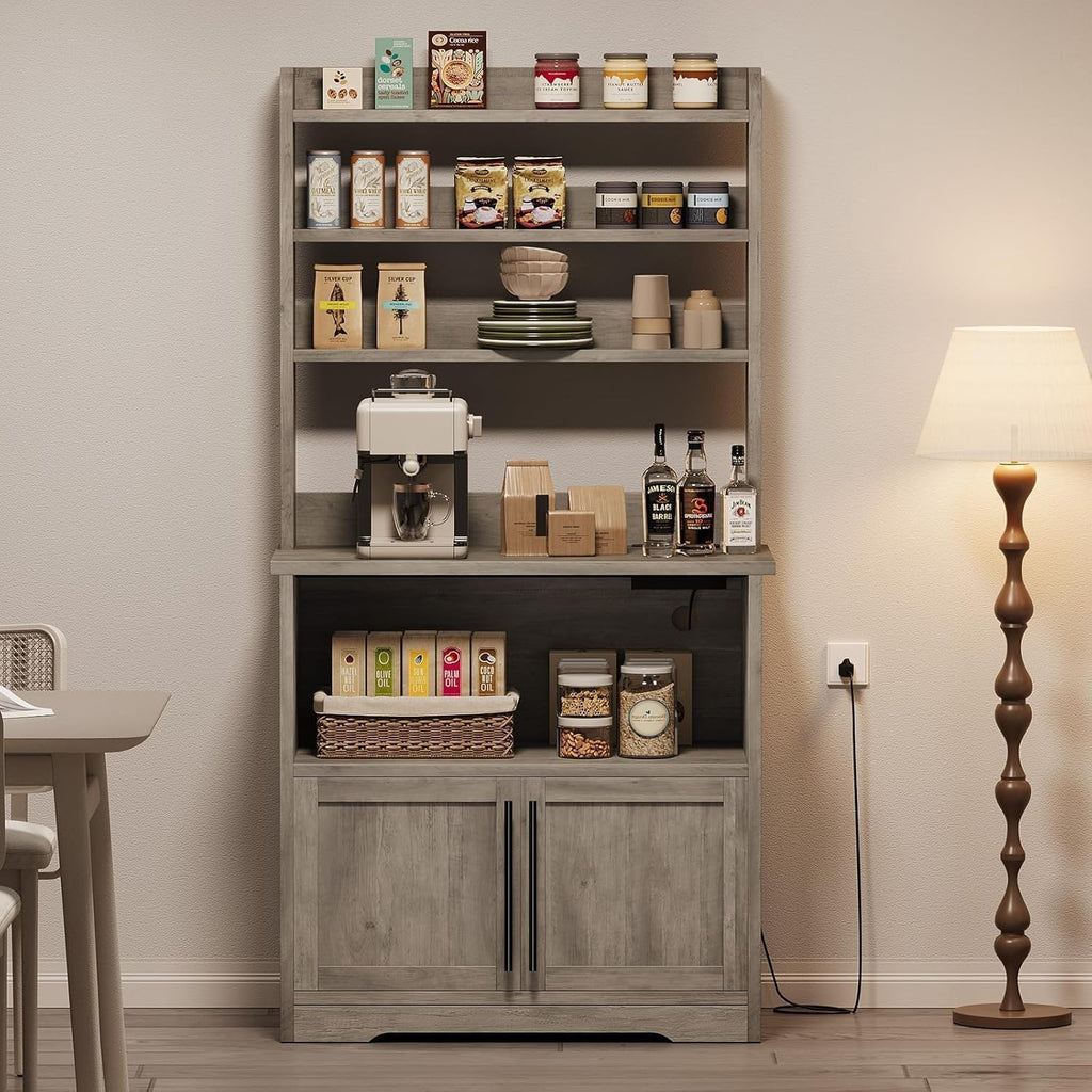Tall Large Storage Cabinet Kitchen Microwave Stand with Storage, 4-Tier Bakers Rack with Power Outlet, Cupboard, Floor Cabinet for Living Room, Rustic Gray,