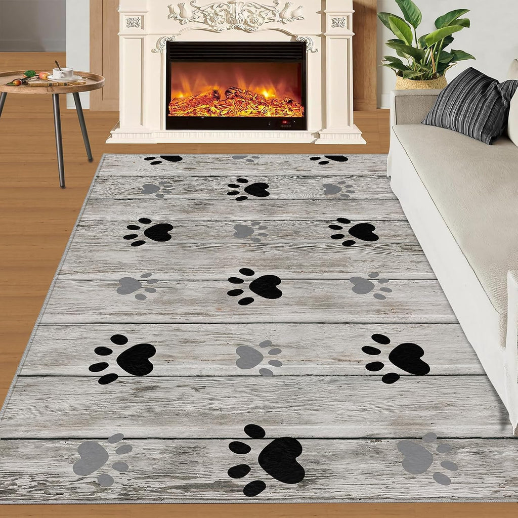 6x8 Rug Cute Dog Paws Home Decor Rug, Gray Wooden Board Art Easy Clean Carpet with Anti-Slip Backing Durable Not Falling Off for Bedroom Living Room Dining Room Office