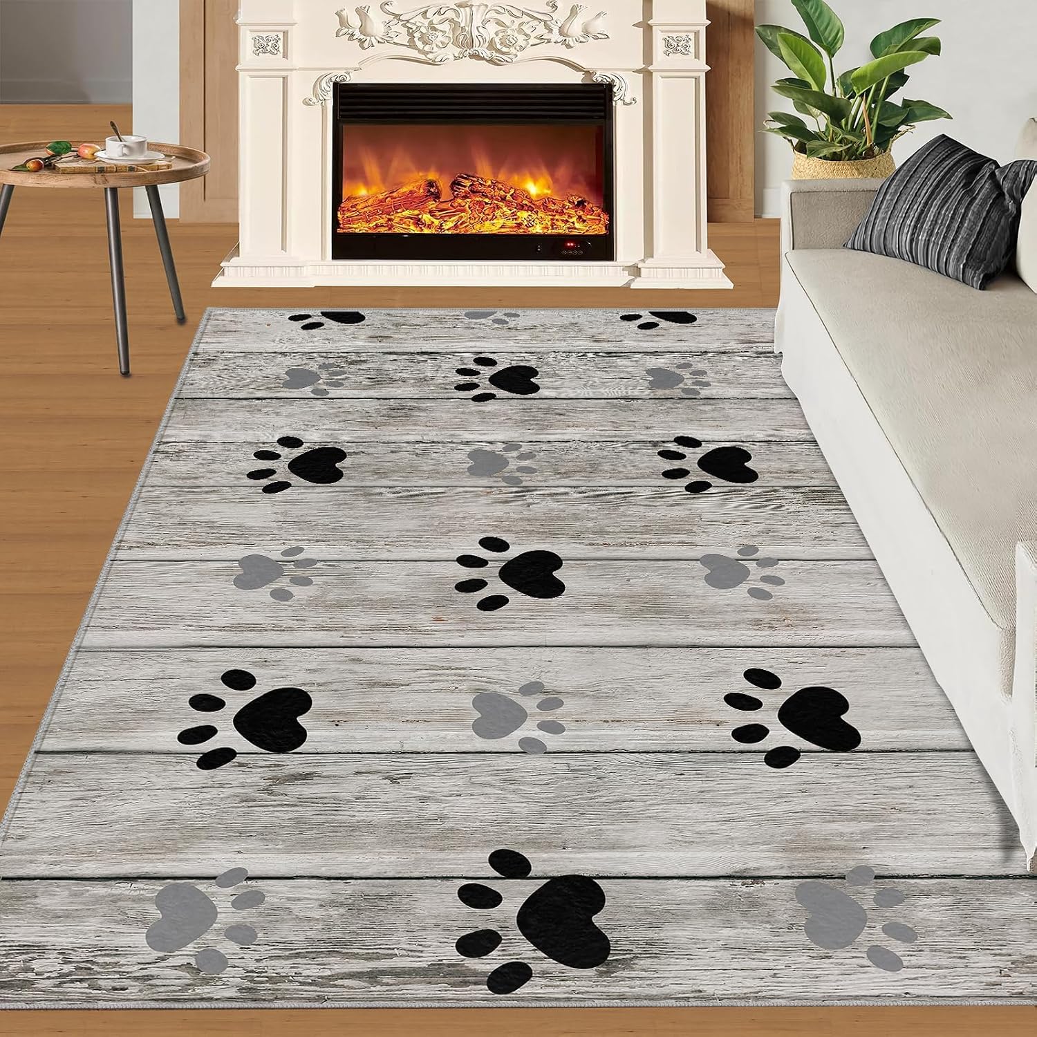 6x8 Rug Cute Dog Paws Home Decor Rug, Gray Wooden Board Art Easy Clean Carpet with Anti-Slip Backing Durable Not Falling Off for Bedroom Living Room Dining Room Office