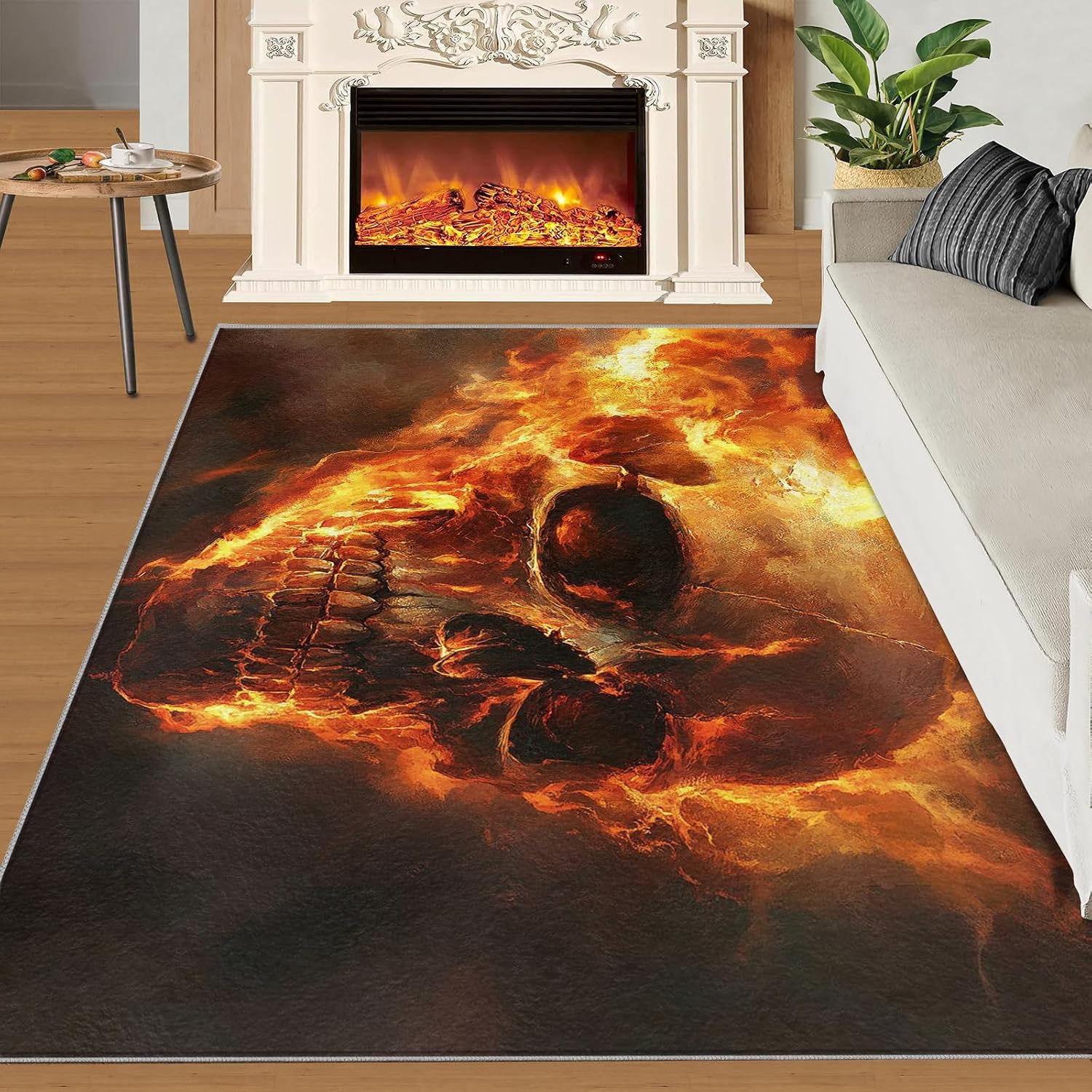 Flaming Skull Area Rug 6x8 - Horror Skull Large Rugs for Living Room, Terrifying Skeleton Carpet Area Rug for Girls Bedroom Kids Room Basement Office Classroom