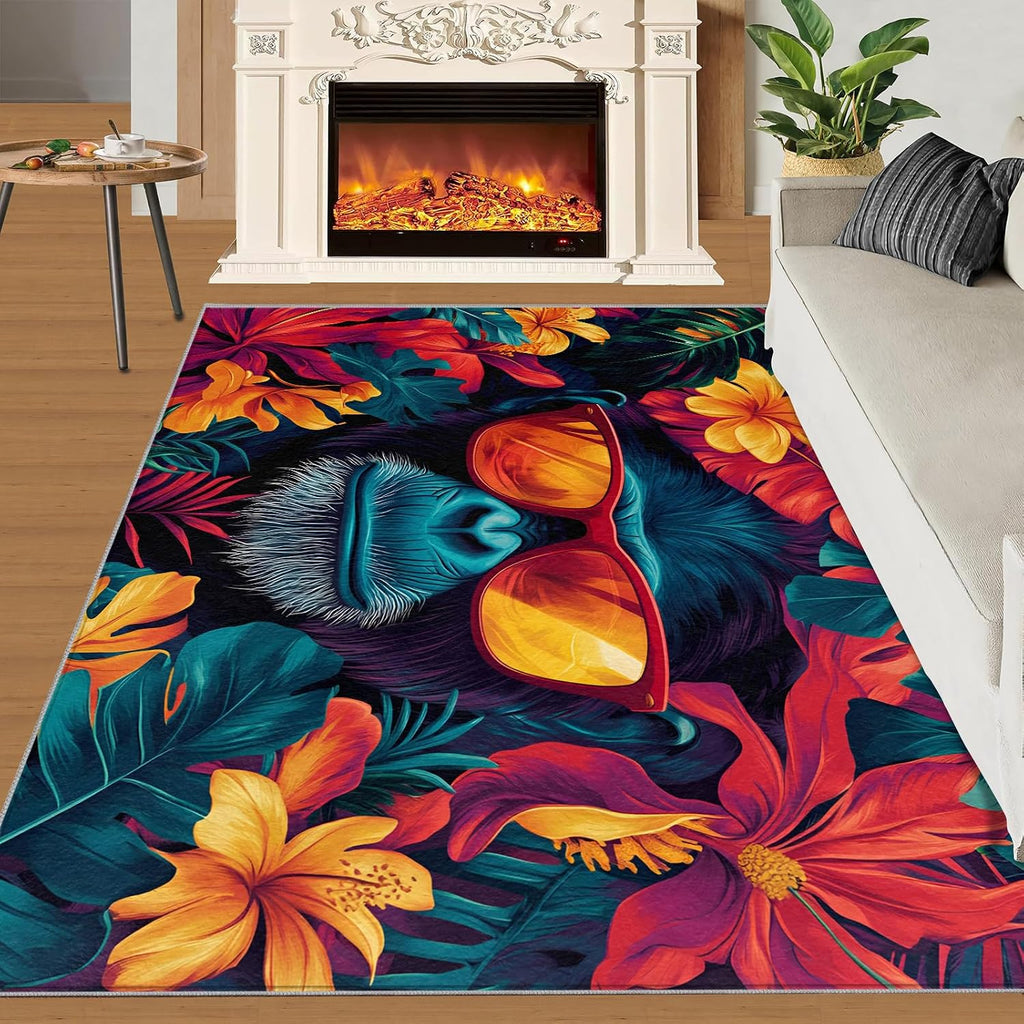 6x8 Chimp Area Rug - Chimpanzee Large Rugs for Living Room, Tropical Foliage Gorilla Carpet Area Rug for Girls Bedroom Kids Room Basement Office Classroom