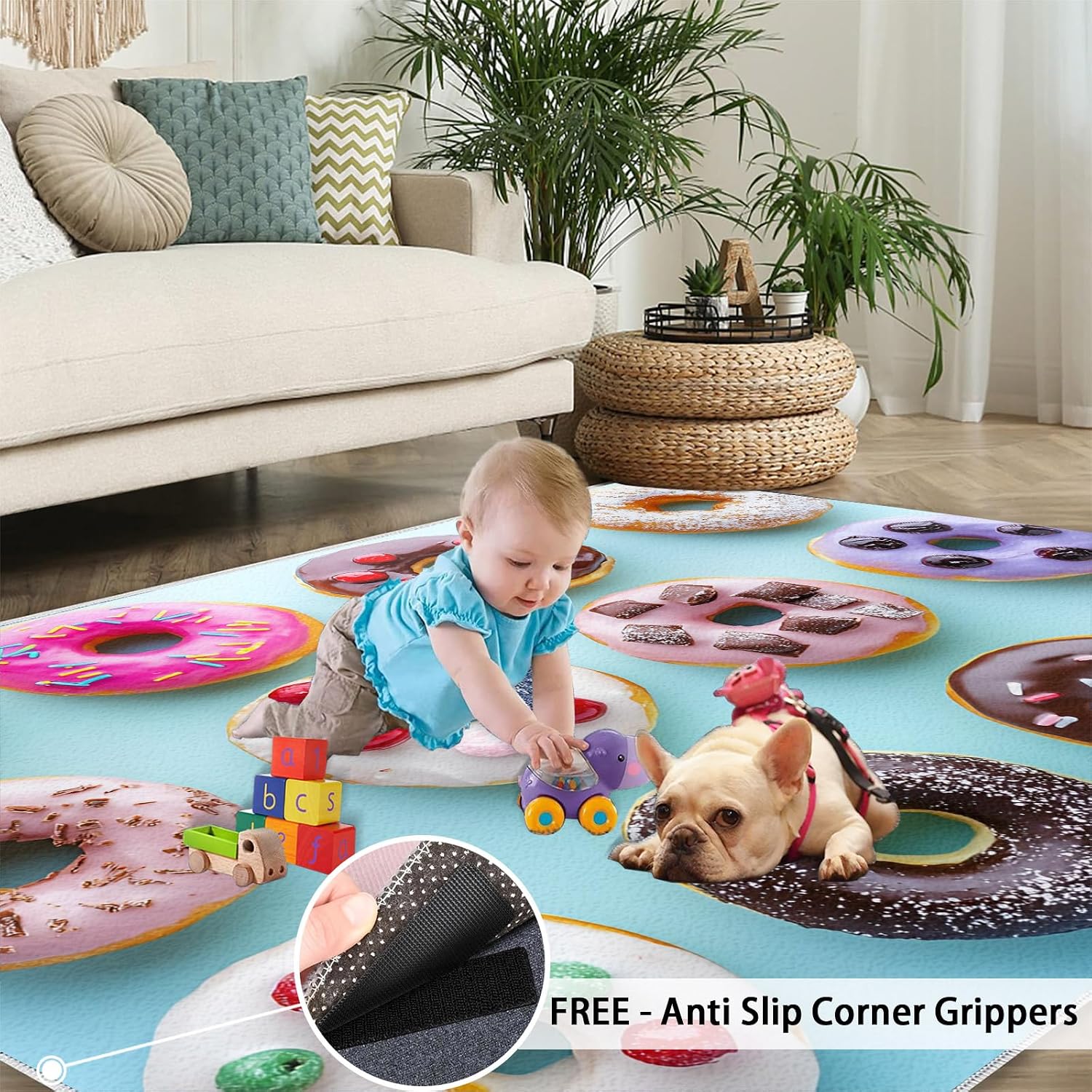 Donut Rug 6x8, Cake Rugs for Bedroom, Dessert Shop Rugs for Living Room, Washable Area Rug for Boys Girls Bedroom, Low Pile & Non Slip Carpet