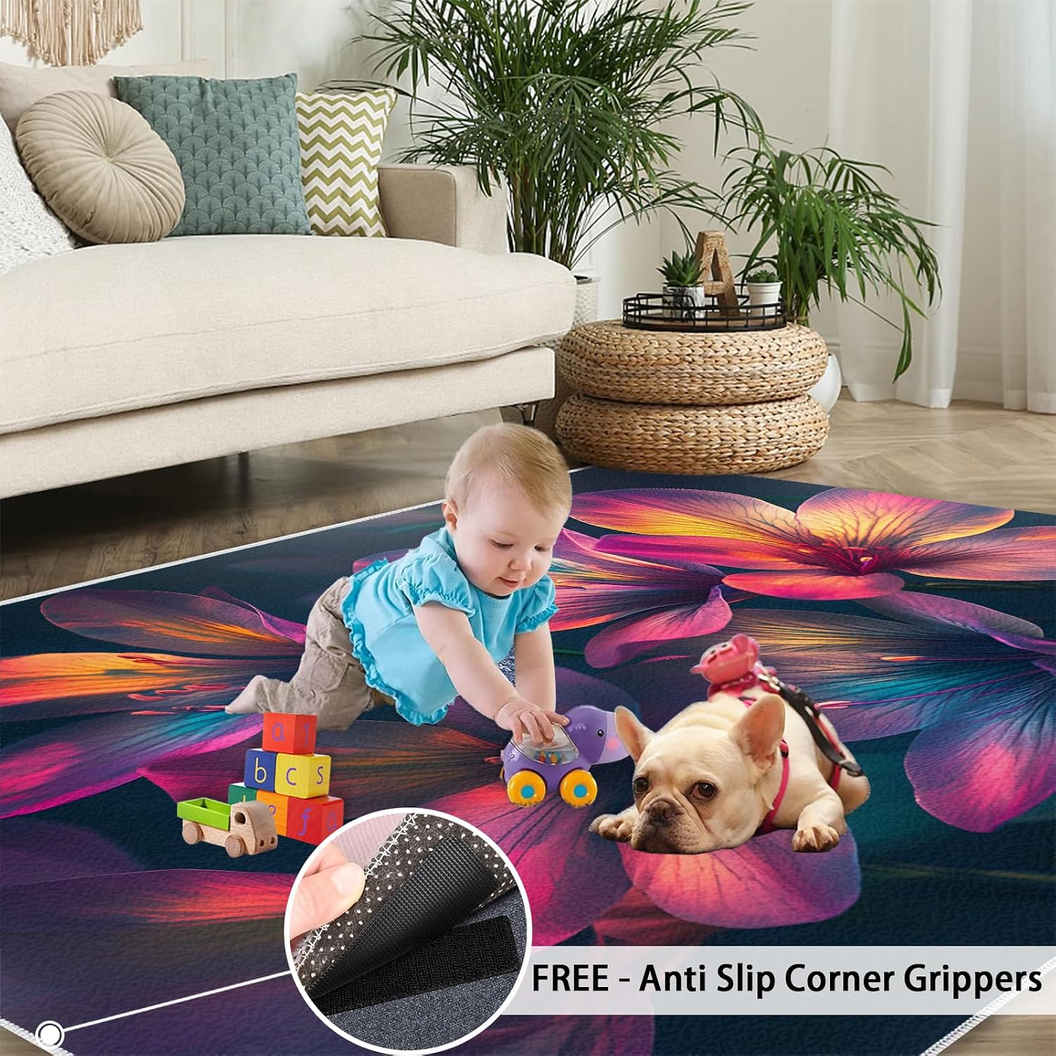 Colorful Flowers Rug - Large Rug 6x8 - Pink and Purple Rugs for Living Room - Soft & Non Slip & Washable Rugs for Bedroom, 3D Petals Carpets for Dining Room Lounge Girls Room