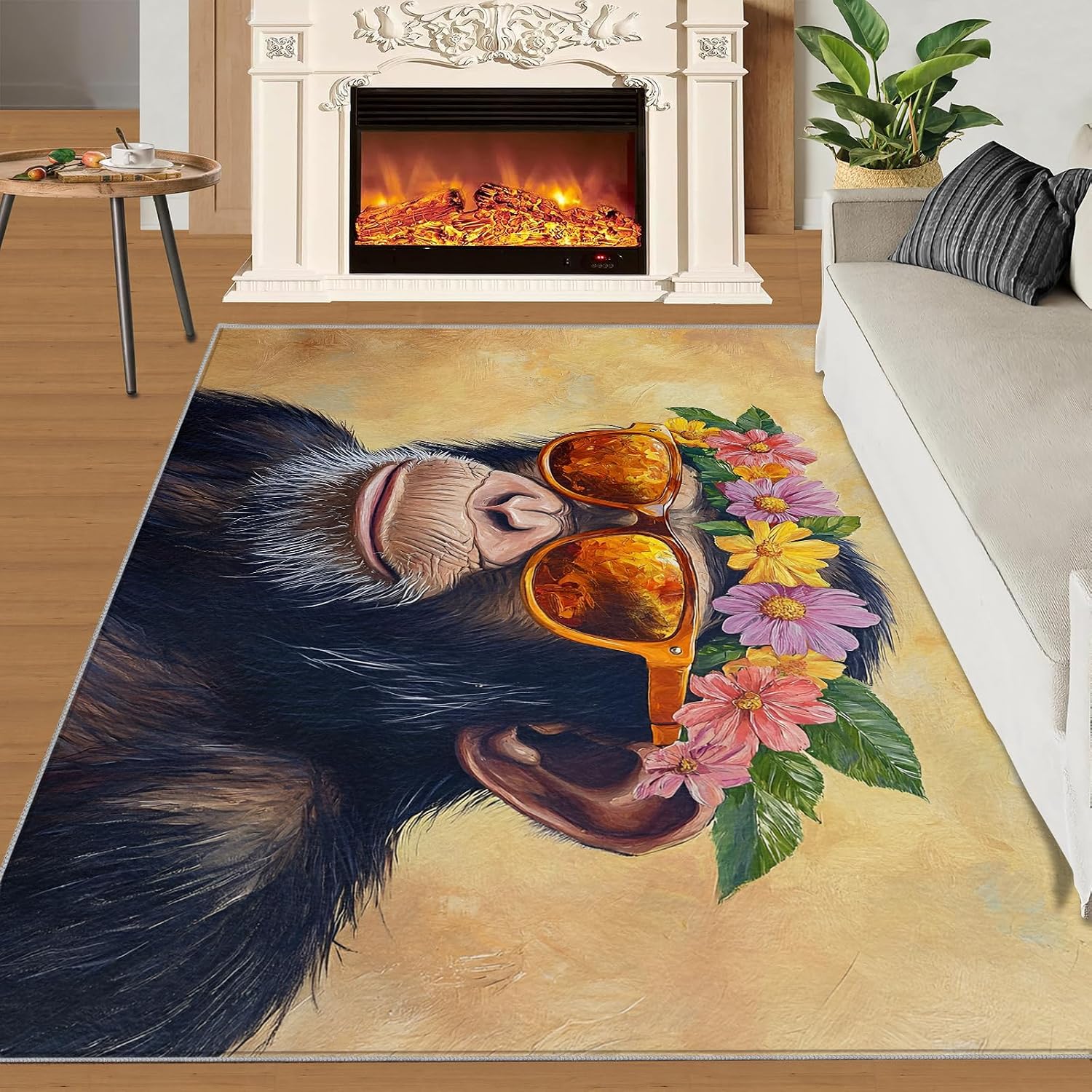 6x8 Chimp Area Rug - Chimpanzee Large Rugs for Living Room, Floral Crown Chimpanzee Carpet Area Rug for Girls Bedroom Kids Room Basement Office Classroom
