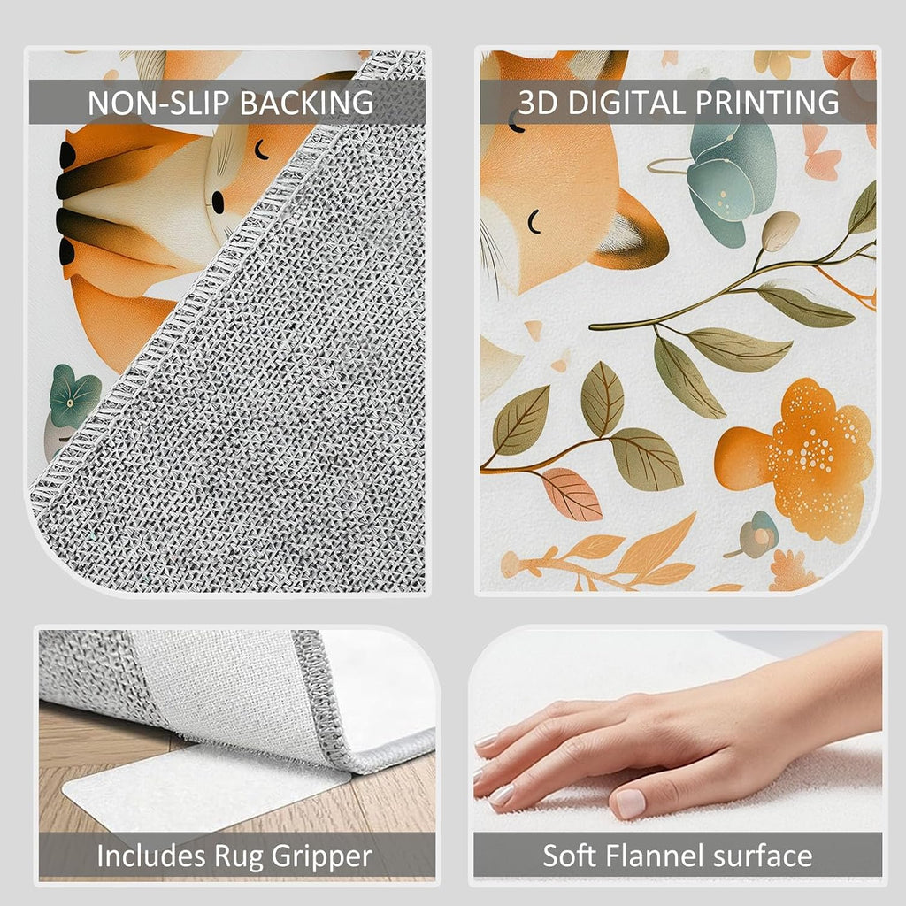 Indoor Non-Slip Area Rug 5 x 7 ft, Cartoon Style Washable Rug Watercolor Plants Animals Fox Low Pile Carpet for Living Room Entryway Kitchen Front Entrance Kids Room Door Mat Laundry
