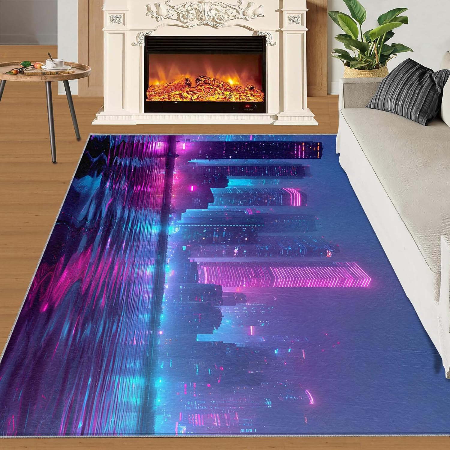 City Rugs for Bedroom, Skyline Rug 6x8, Modern City Night View Dining Room Rugs Washable & Non Slip Large Carpet for Home Decor