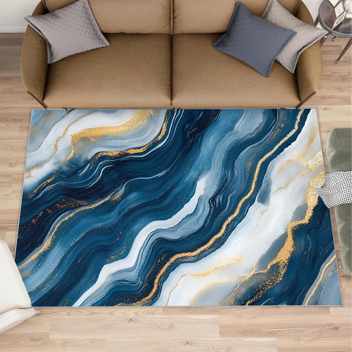 Modern Area Rug Large - 6x8 Rug, Blue Gold Marble Rugs for Living Room, Light Luxury Carpet, Abstract Washable Area Rugs for Bedroom, Contemporary Carpet, Blue Marble Home Decor