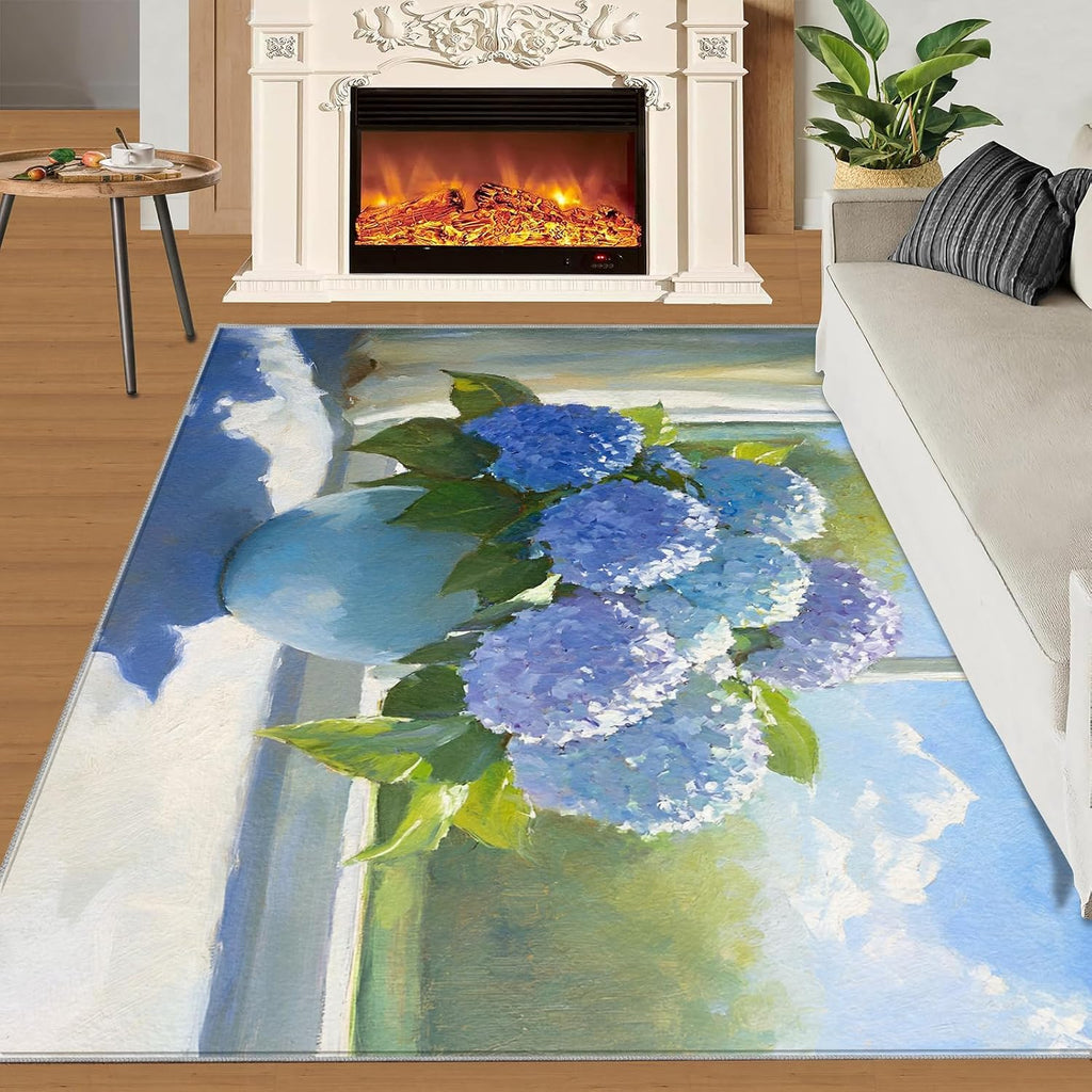 Hydrangea Area Rug Large - 6x8 Rug, Nordic Rugs for Living Room, Light Luxury Carpet, Watercolor Floral Washable Area Rugs for Bedroom, Aesthetic Carpet, Floral Home Decor