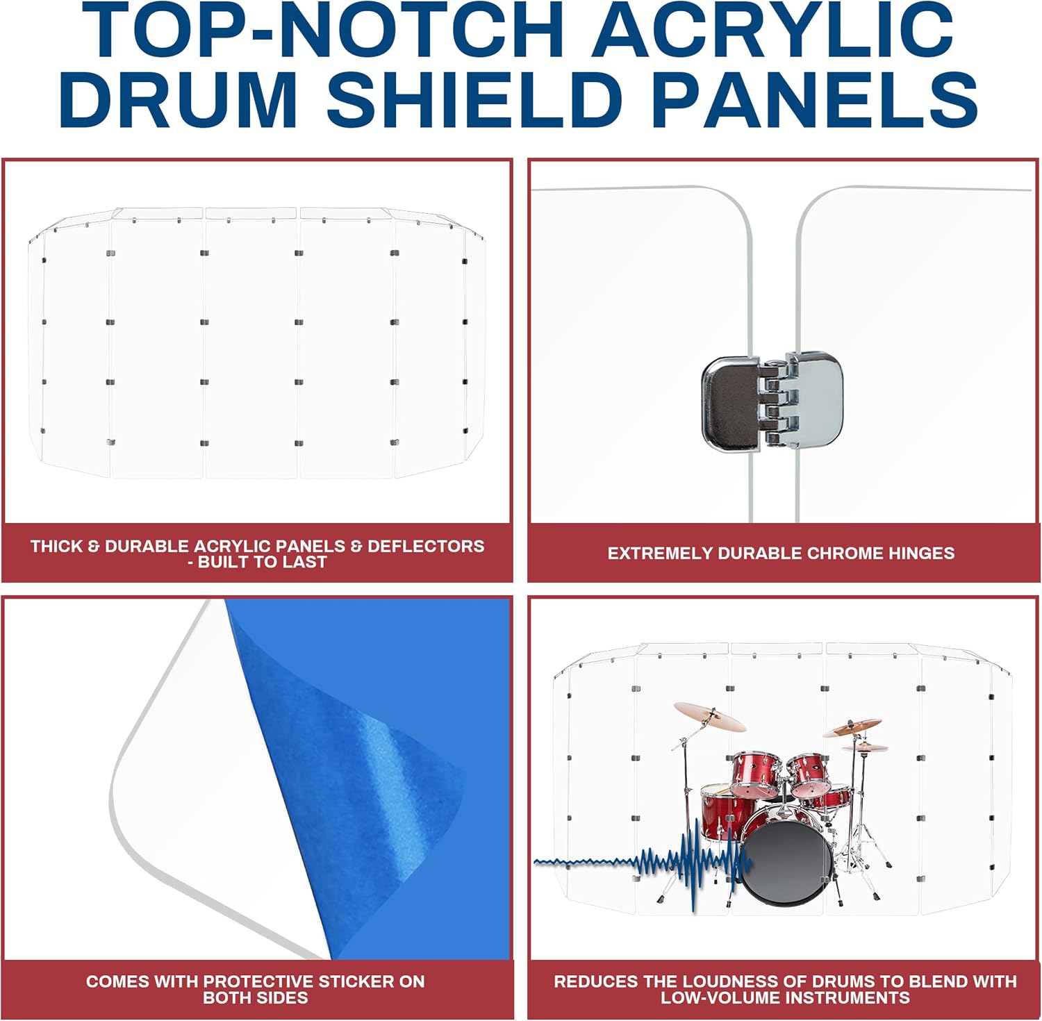 PENNZONI Drum Shield 6ft w/Deflectors & Chrome Hinges, Comes w/ 7 Drum Panels, 7 Deflectors, Chrome Hinges & Deflector Connectors, Premium Clear Acrylic Panels