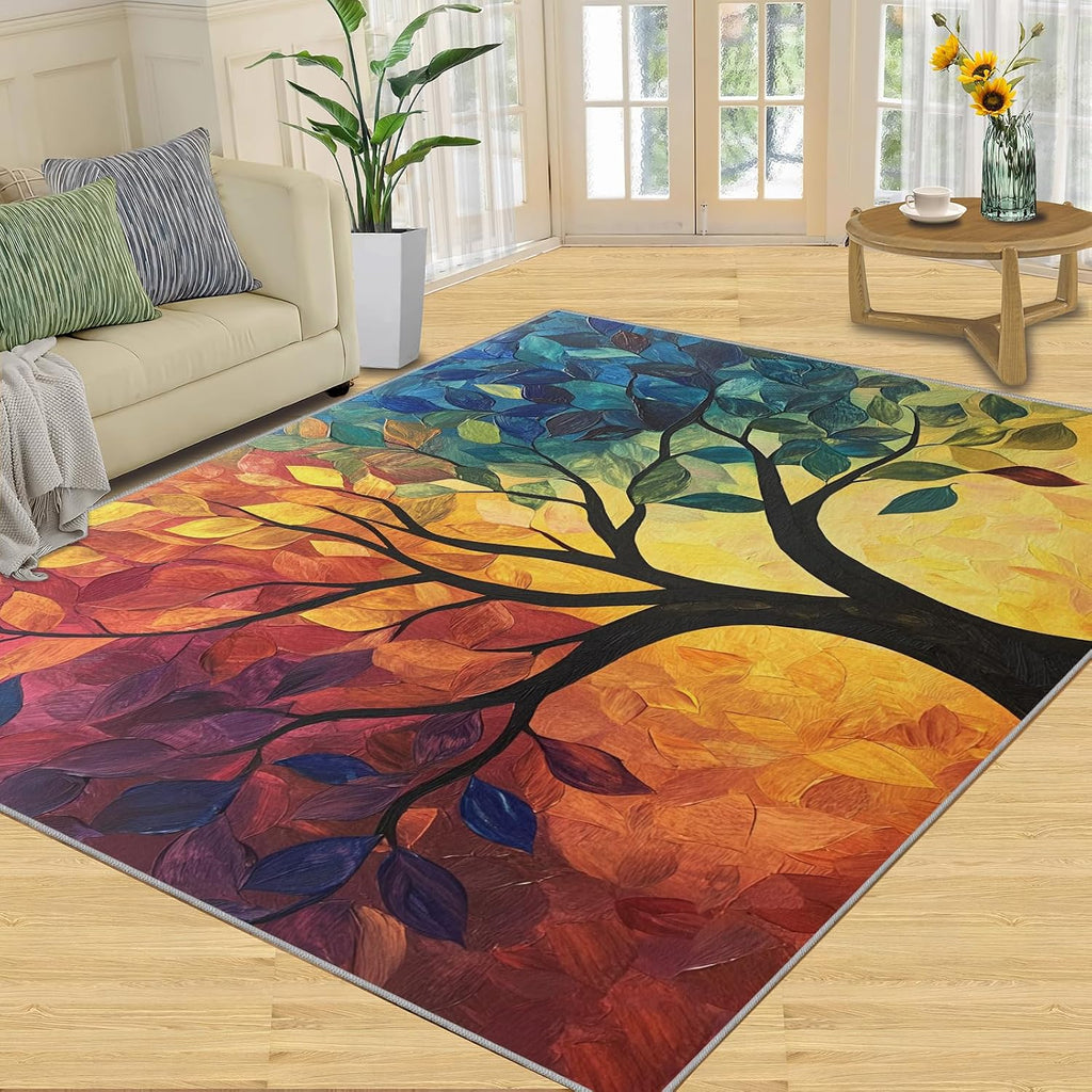 Colorful Tree Area Rug 6x8 - Tree of Life Large Rugs for Living Room, Impressionist Oil Painting Carpet Area Rug for Girls Bedroom Kids Room Basement Office Classroom