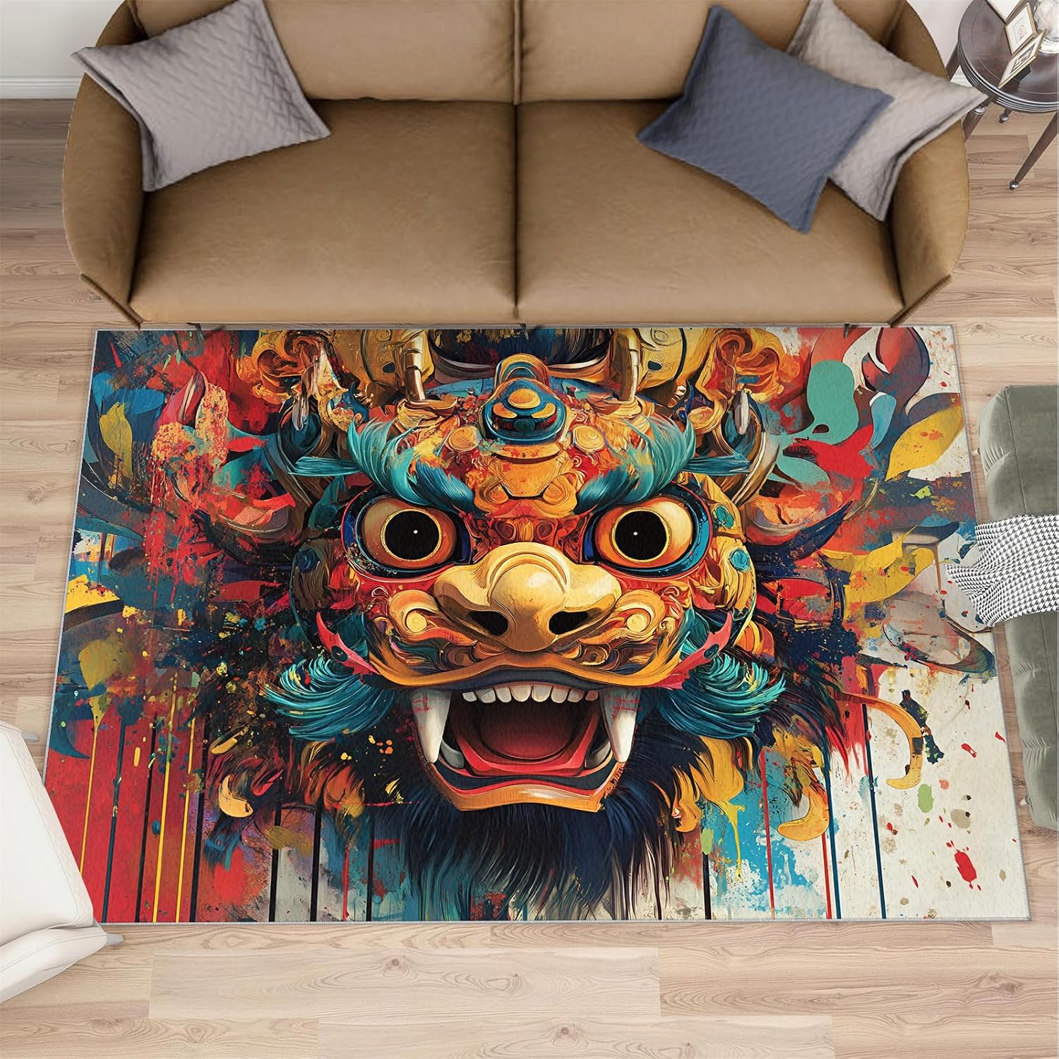 Chinese Rug 6x8, Lion Dance Rugs for Bedroom, Tradition Rugs for Living Room, Non Slip Area Rug, Housewarming Gifts & Indoor Floor Mats