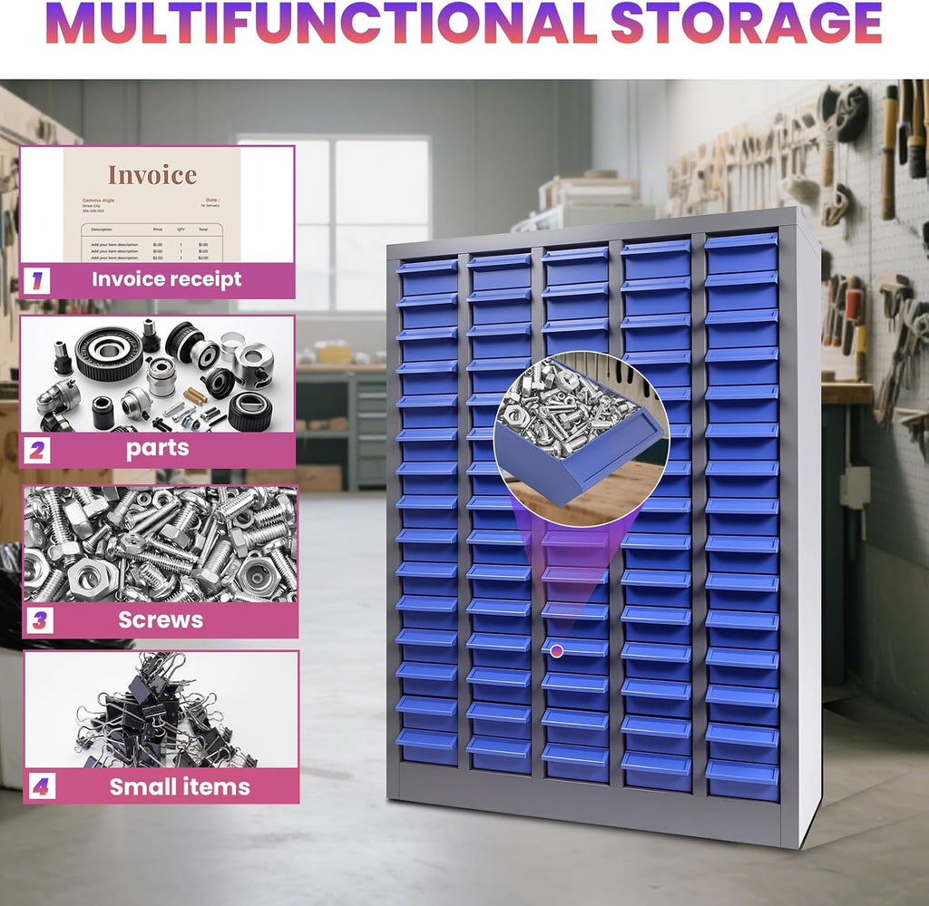 100 Drawers Space-Saving Bolt Bins and Parts Cabinet, 25.8″L×8.66″W×46″H Professional Nut and Screw Organizer, Keeps Garage Tools Neatly Stored