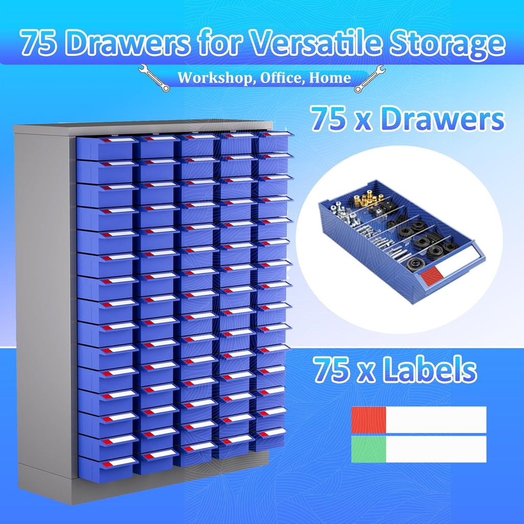 75 Drawers Nut and Bolt Organizer, 36' H x 26' D x 9' W Bolt and Nut Tool Storage Cabinet with Acrylic Adjustable Shelves & Label Stickers, Alloy Steel Parts Cabinet for Garage, Workshop, Factory