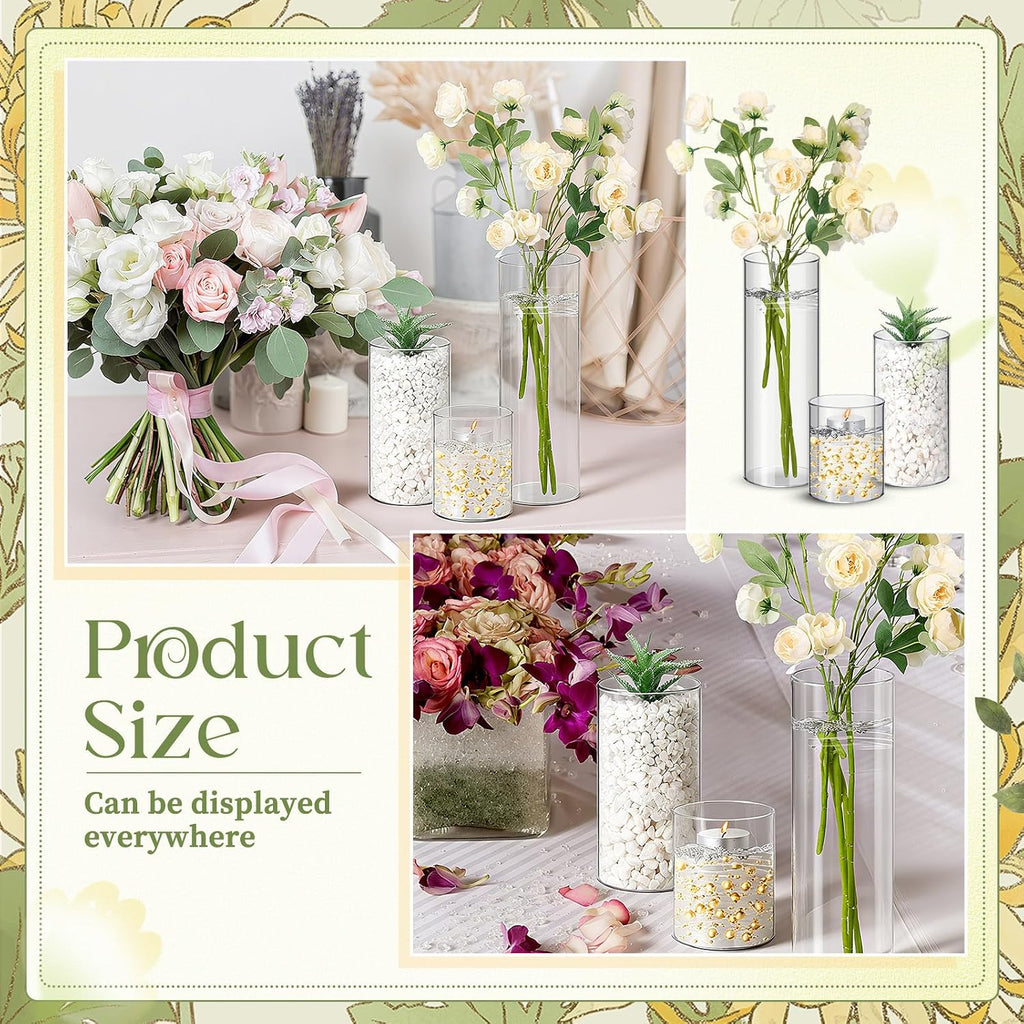 Nuogo 60 Pcs Plastic Cylinder Vases Tall Plastic Flower Vases for Centerpieces Hurricane Candle Holder for Home Wedding Office Party Formal Dinners Decorations (4''/6''/8'')