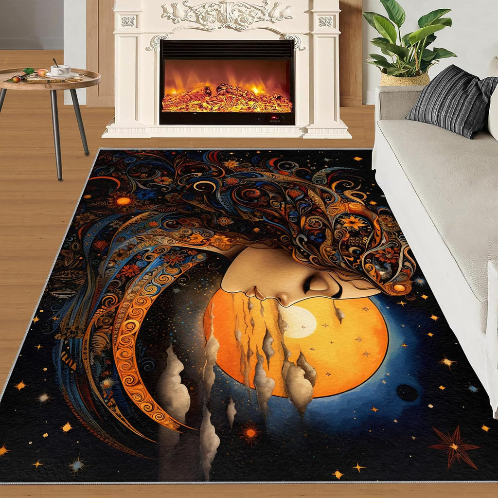 Beautifu Girl Rug for Kids Room - 6x8 Large Rug, Moon Goddess Rugs for Bedroom Anime Girl with Long Hair Area Rugs for Living Room Home Decor Washable Rug
