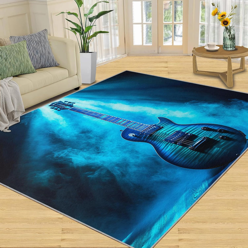 Guitar Rug Large - 8x10 Rug, Music Area Rugs for Living Room Bedroom, Music Style Area Rugs, Musical Instrument Washable Carpet, Kids Carpet, Guitar Home Decor & Gifts