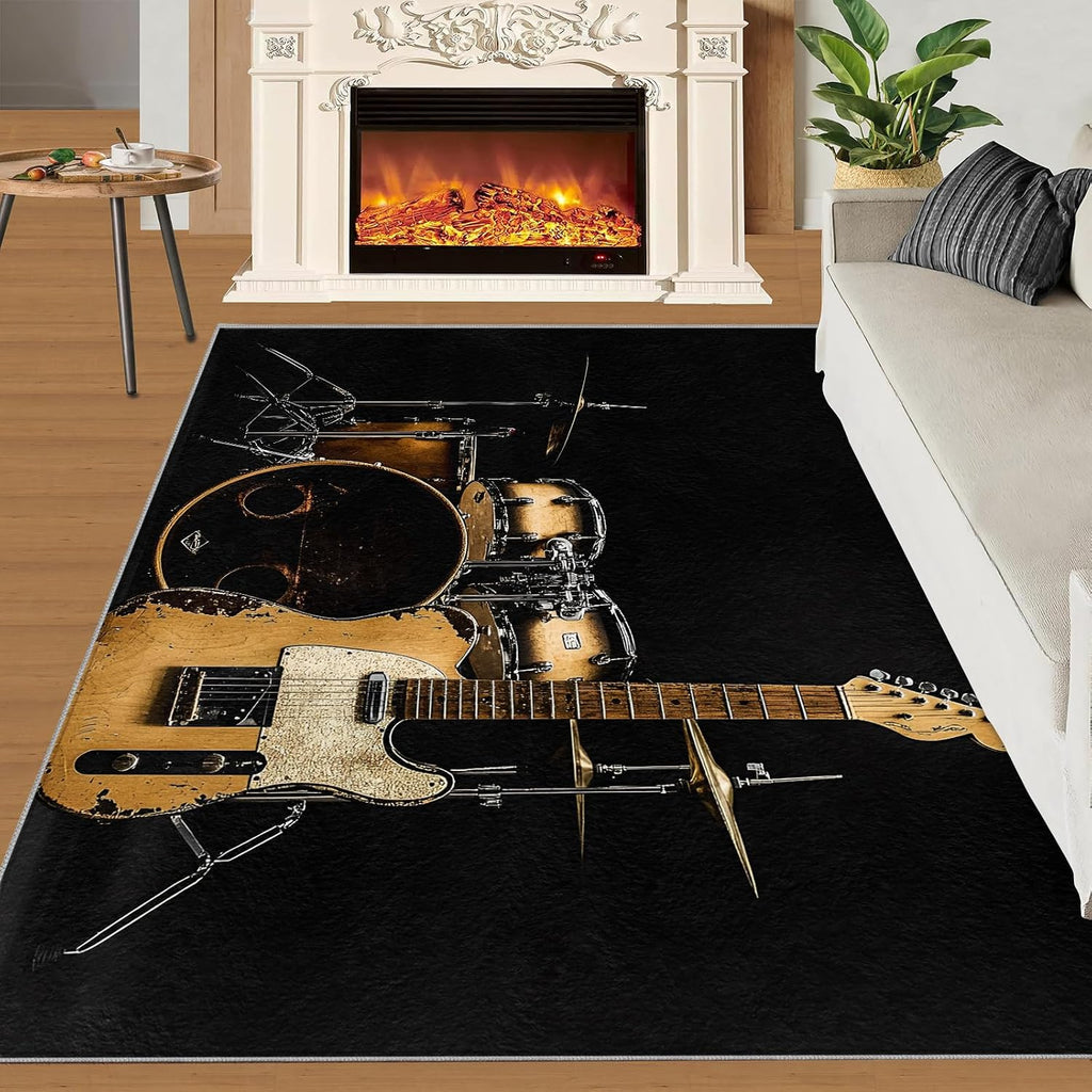 Music Rug 8x10-8x10 Rug, Guitar Area Rugs for Living Room, Drum Set Rugs for Bedroom, Boys Washable Mat, Music Home Decor & Gifts
