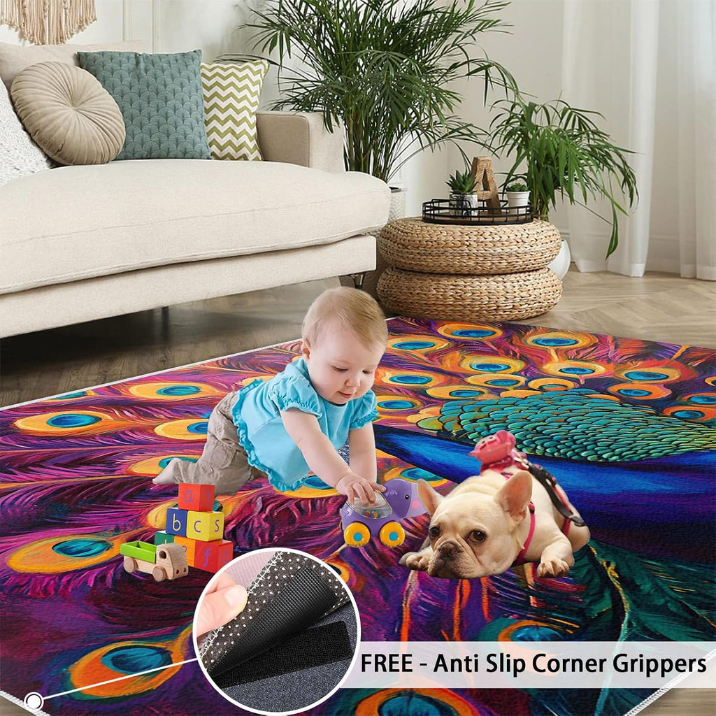 Peacock Rug 6x8-6x8 Rug, Purple Feather Area Rugs for Living Room Bedroom, Bird Area Carpet, Animal Washable Carpet, Peacock Home Decor & Gifts