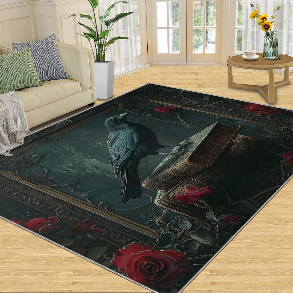 Crow Area Rug, Gothic Horror Kids Rugs, Non Slip Bedroom Rug for Living Room Kitchen Dining Room Decor Floor Mat 6x8