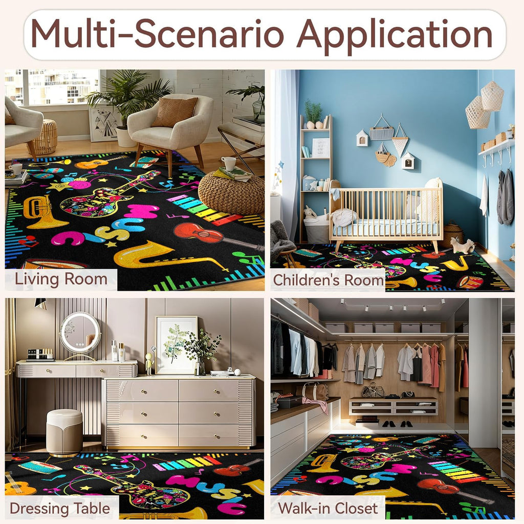 Musical Notes Musical Elements Printed Area Rug, 6x8ft, Guitar Drum Music Keyboard Classroom Playmat for Preschool, Durable Low Pile Fade Resistant Reduce Noise Rugs for Hallway Indoor