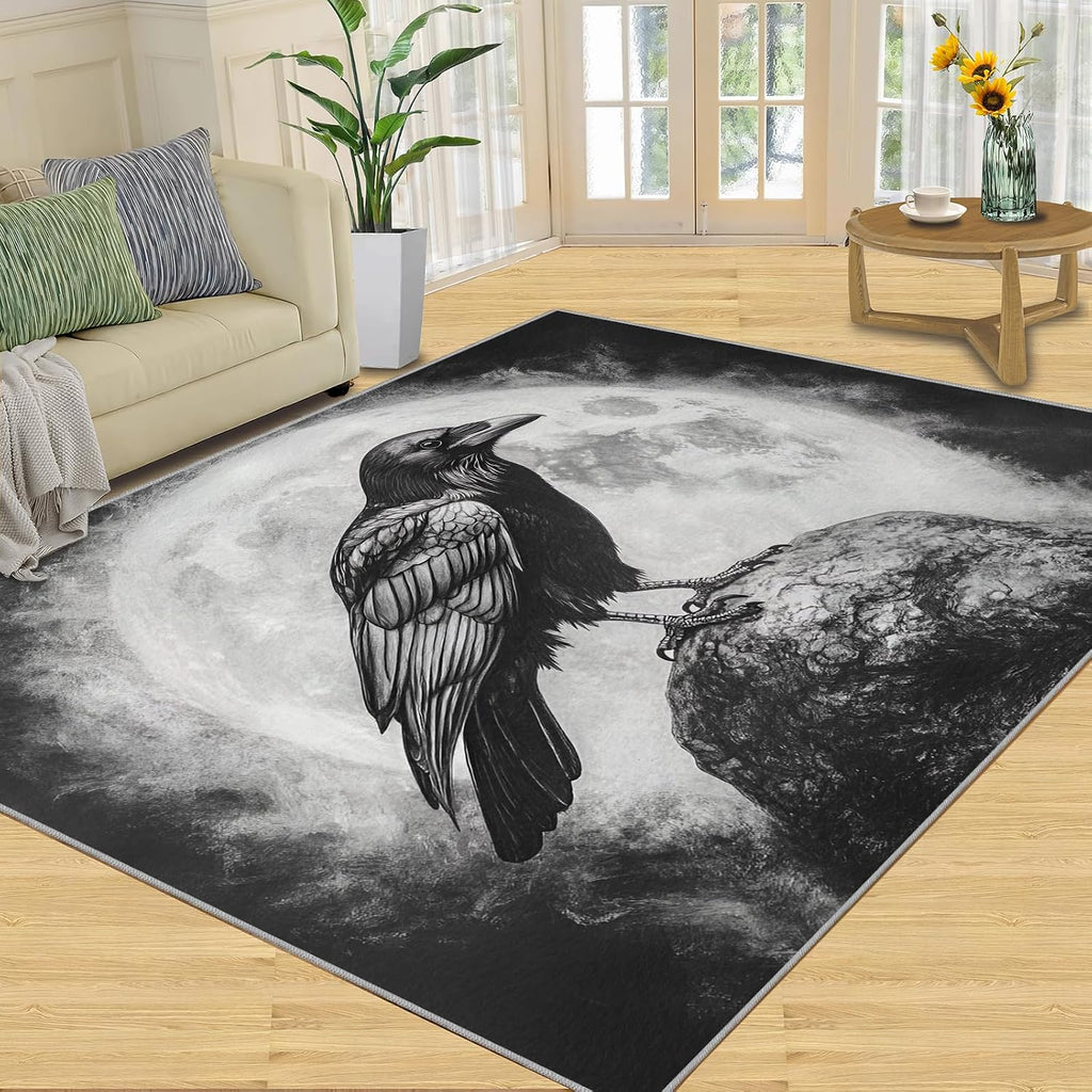 Black and White Carpet - Large Rug 6x8 - Crow Rugs for Living Room - Soft & Non Slip & Washable Rugs for Bedroom, Full Moon Carpets for Dining Room Lounge Girls Room