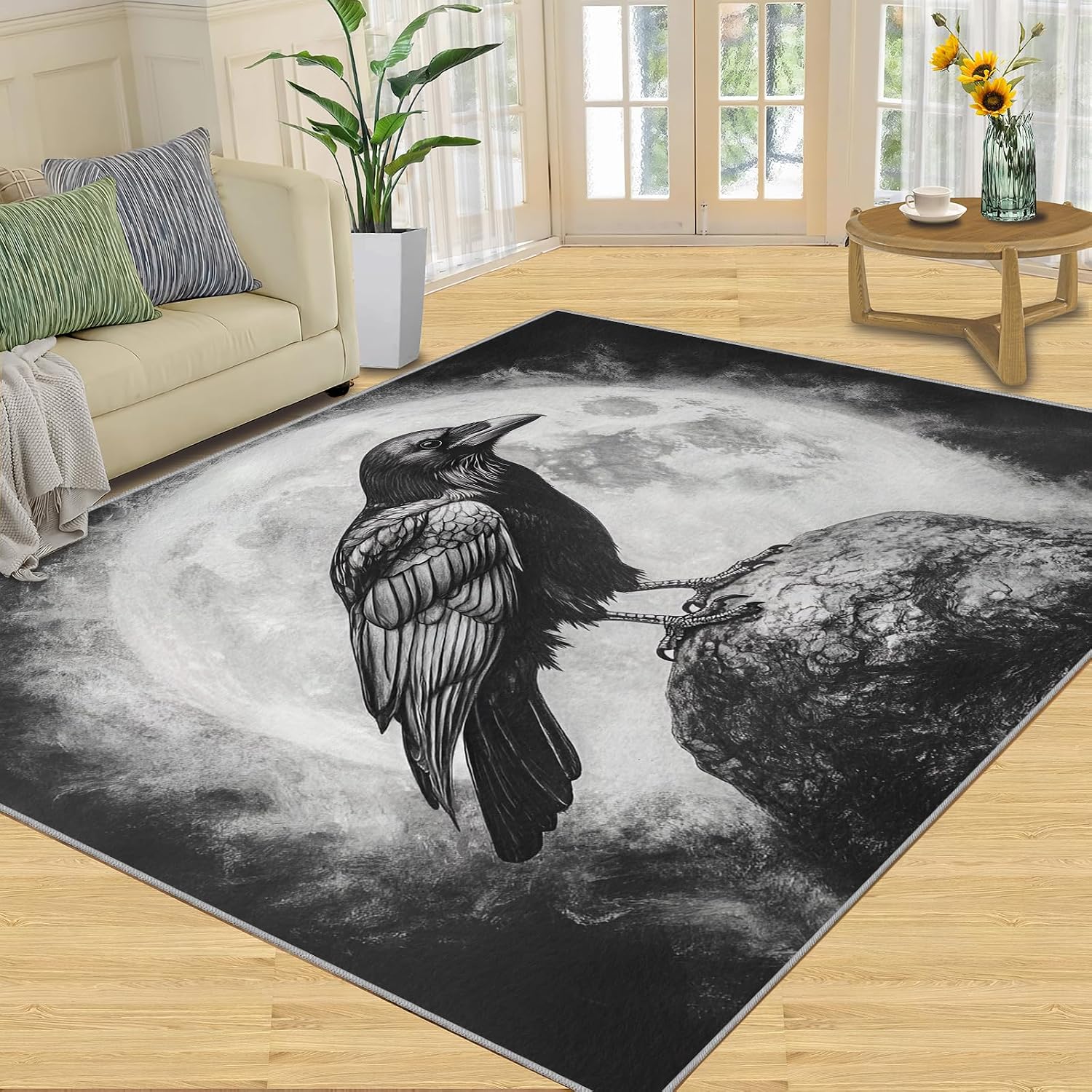 Black and White Carpet - Large Rug 6x8 - Crow Rugs for Living Room - Soft & Non Slip & Washable Rugs for Bedroom, Full Moon Carpets for Dining Room Lounge Girls Room