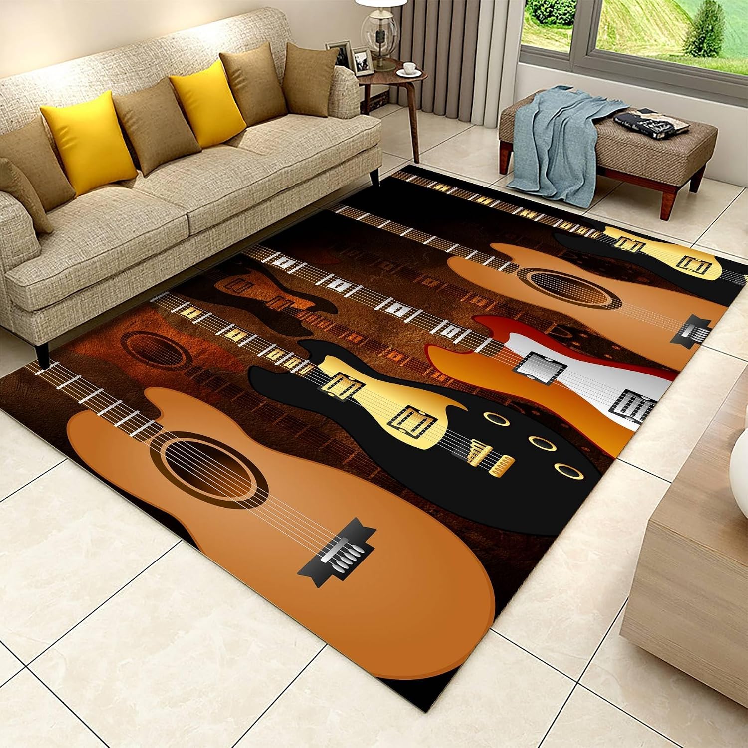 Electric Guitar Area Rug 6x8ft Rock Music Instruments Guitar Mat Soft Durable Brown Area Rug for Entryway Rugs Indoor Studio Music Decor Fade Resistant Machine Washable Carpets