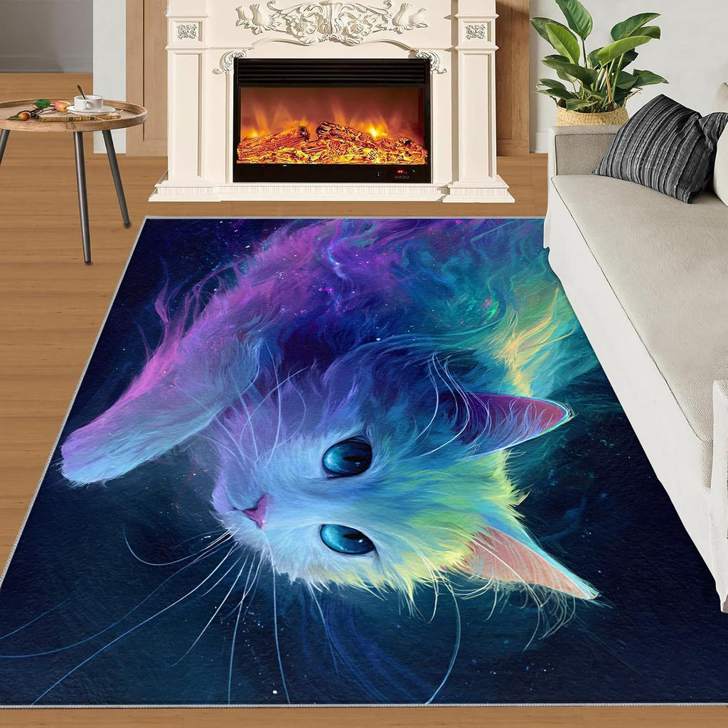 Cat Rugs for Bedroom, Fantasy Cat Rug 6x8, Animals Dining Room Rugs Washable & Non Slip Large Carpet for Home Decor