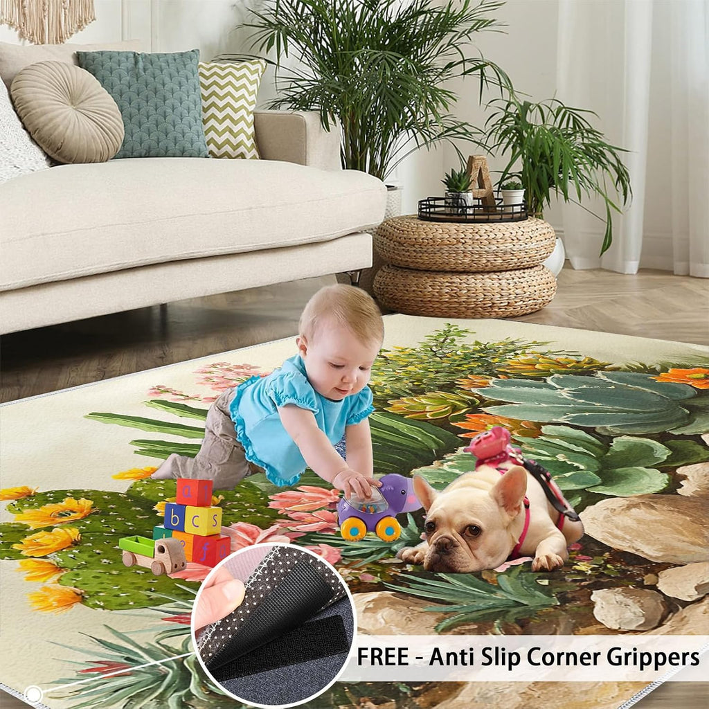 Flowers Rug 6x8, Cactus Area Rug, Desert Plants Rugs for Living Room, Decor Rugs for Bedroom, Low Pile Non Slip Carpet