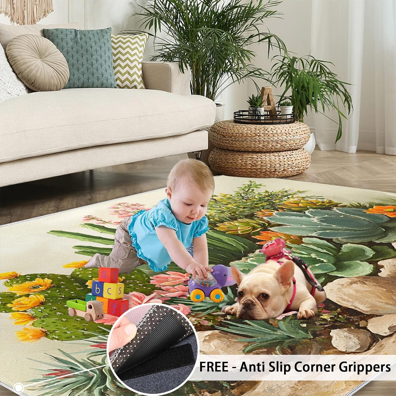 Flowers Rug 6x8, Cactus Area Rug, Desert Plants Rugs for Living Room, Decor Rugs for Bedroom, Low Pile Non Slip Carpet