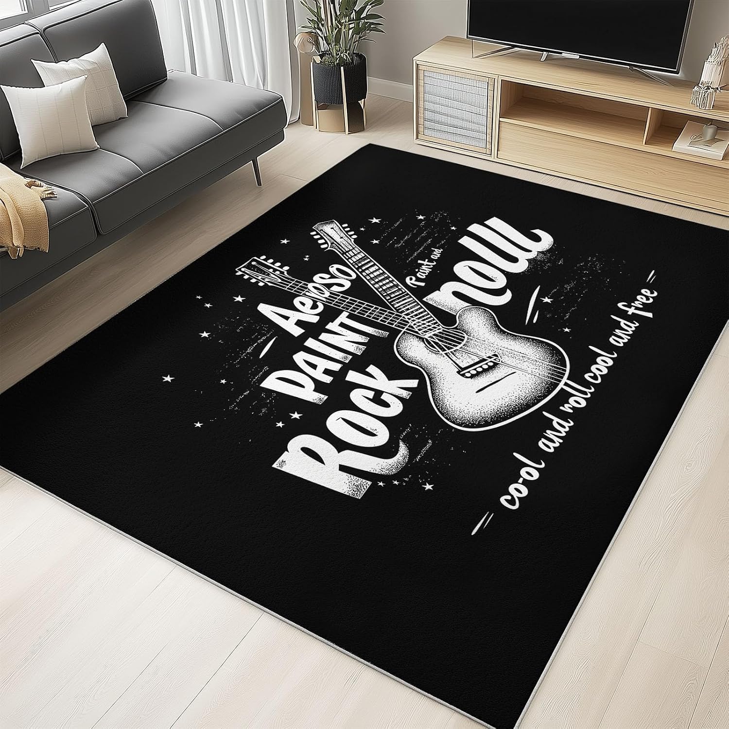 Washable Non-Slip Area Rug Resistant, Art Rock and Guitar Theme for of Living Room Bedroom Kids Room, Nursery, Office, Kitchen, Black 6 x 8 ft Carpet Pet & Child Friendly