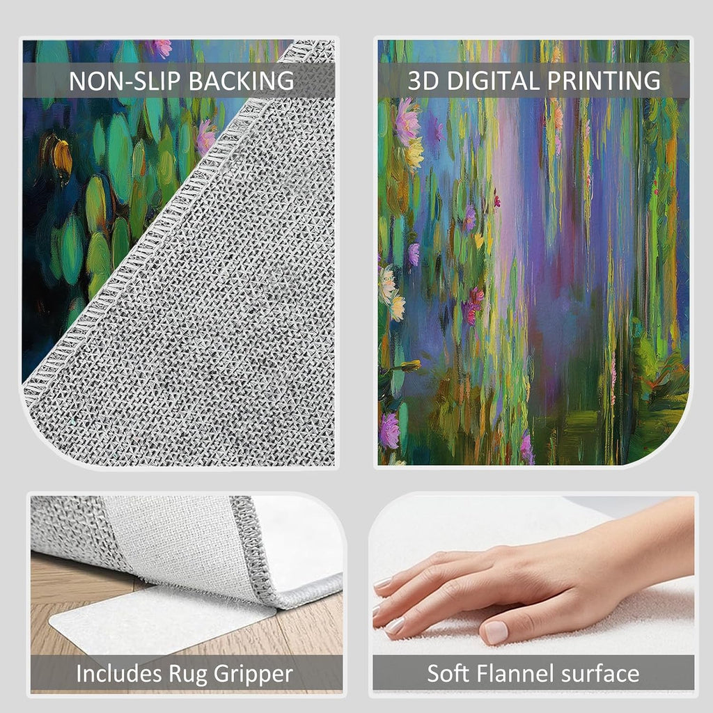 Oil Painting Area Rug 5 x 7 ft for Living Room Bedroom, Pond Mountains Lotus Leaves Willow Trees Indoor Washable Kitchen Carpet Non-Slip Low-Pile Carpet Lightweight Rug for Dining Room Bathroom Door