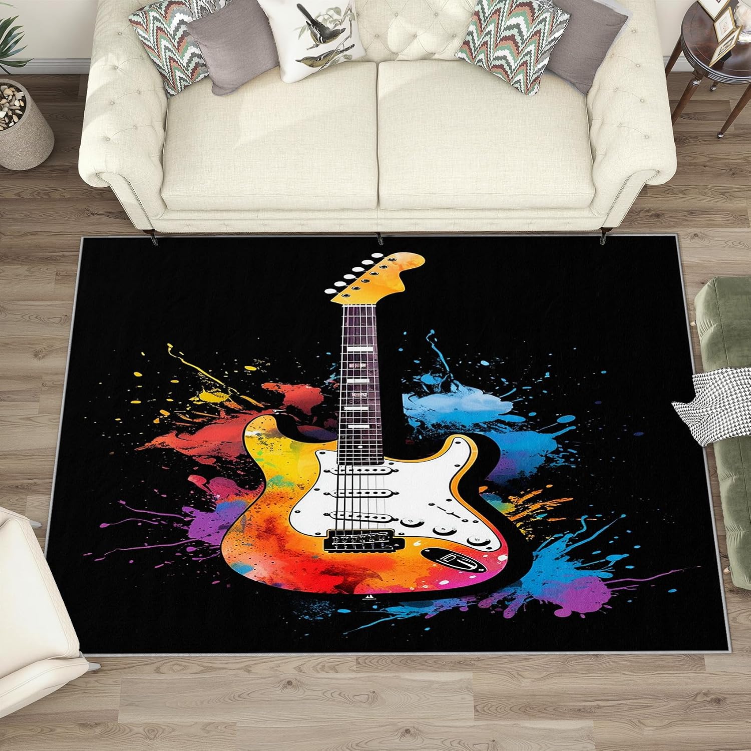 Guitar Area Rug, 5x8 Rug for Bedroom, Boys Rock Music Colorful Graffiti Washable Rugs for Living Room, Non Slip Soft Low Pile Stain Resistant Carpet, Guitar Room Decor