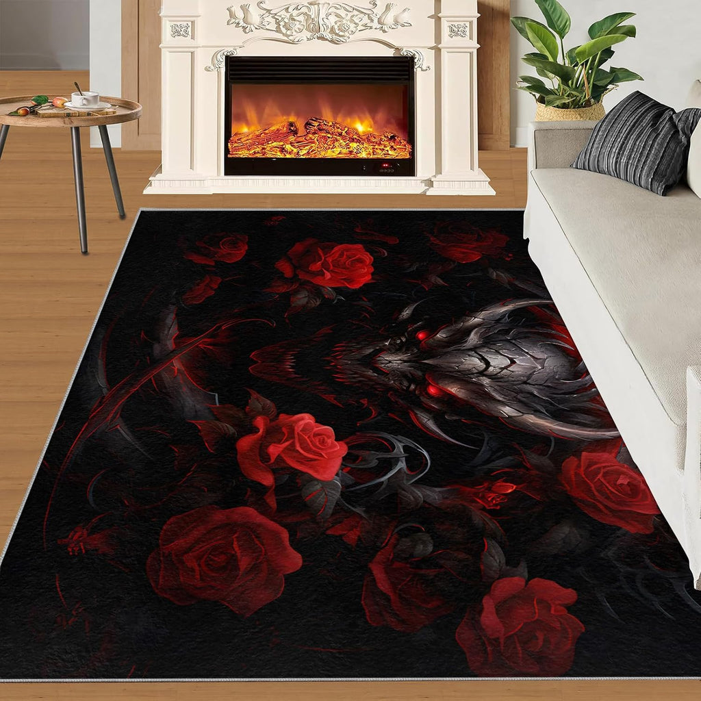 Red Rose Rug for Kids Room - 6x8 Large Rug, Giant Dragon Rugs for Bedroom Black and Red Dragon Flower Area Rugs for Living Room Home Decor Washable Rug
