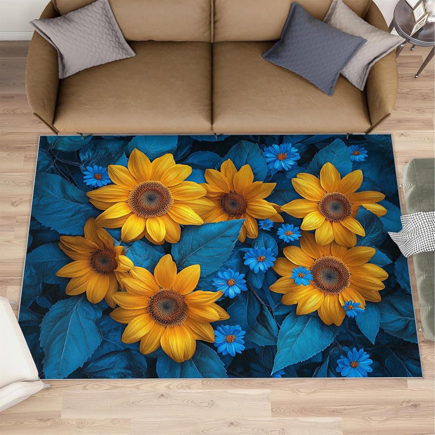 Sunflower Rug 6x8-6x8 Rug, Flower Area Rugs for Bedroom, Blue Daisy Rugs for Living Room, Modern Washable Mat, Floral Carpet, Sunflower Home Decor & Gifts