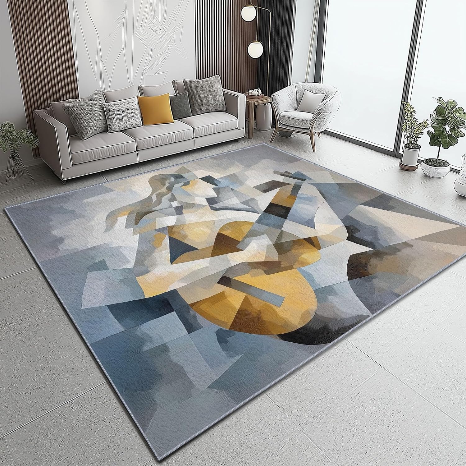 Flannel Anti-Slip Carpet, Music Elements Textures Guitar Girl Printed Design, Flannel Area Rug for Living Room Bedroom Dorm Room Decoration 5 x 8 ft Front Door mat Indoor carpett Colorful