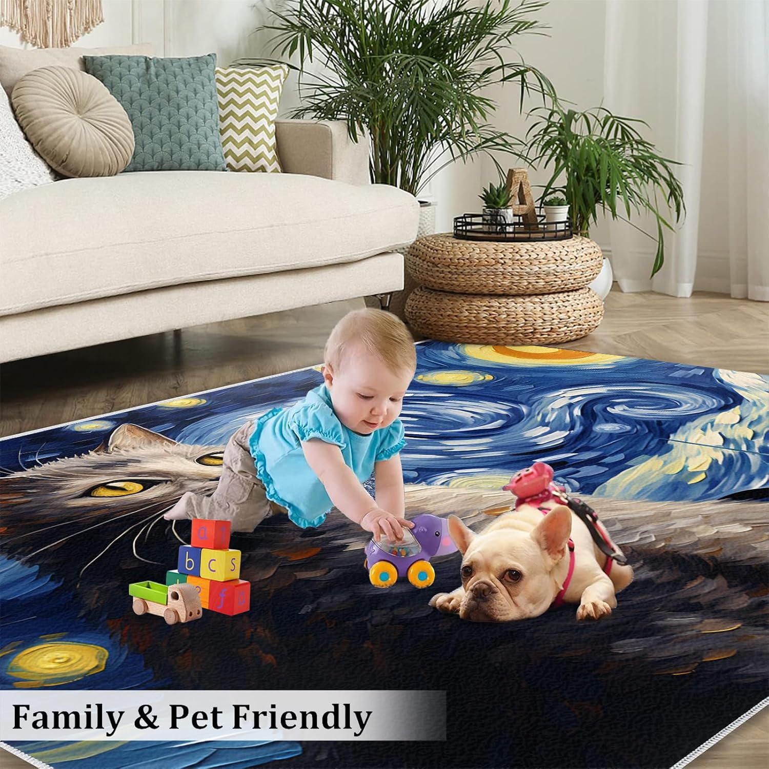 6x8 Area Rug - Starry Sky British Shorthair Cat Large Rugs for Living Room, Post-Impressionist Art Painting Carpet Area Rug for Girls Bedroom Kids Room Basement Office Classroom