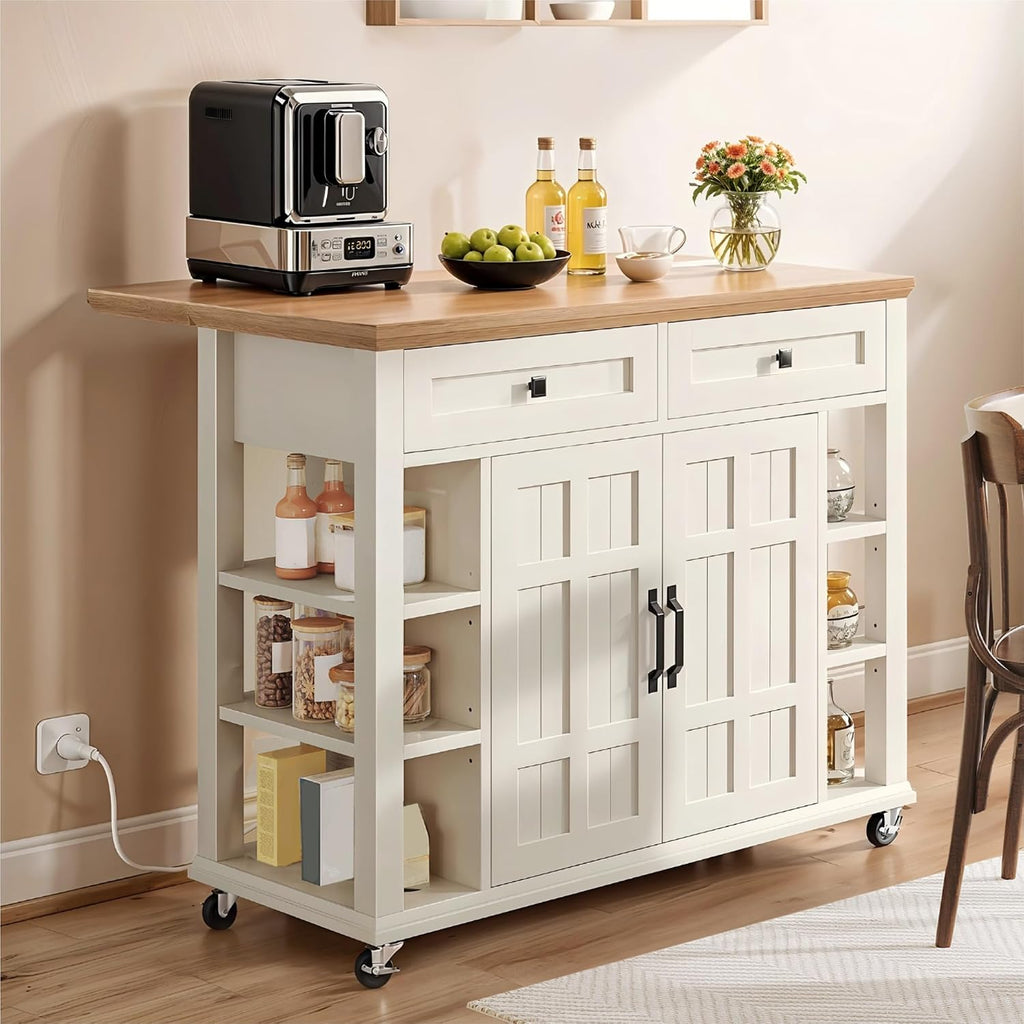 YITAHOME Kitchen Island with Drop Leaf, Mobile Storage Island with Power Outlet, Americana Rolling Kitchen Carts with Storage Shelves and Drawers, Island Table on Wheels for Dining Room, Beige