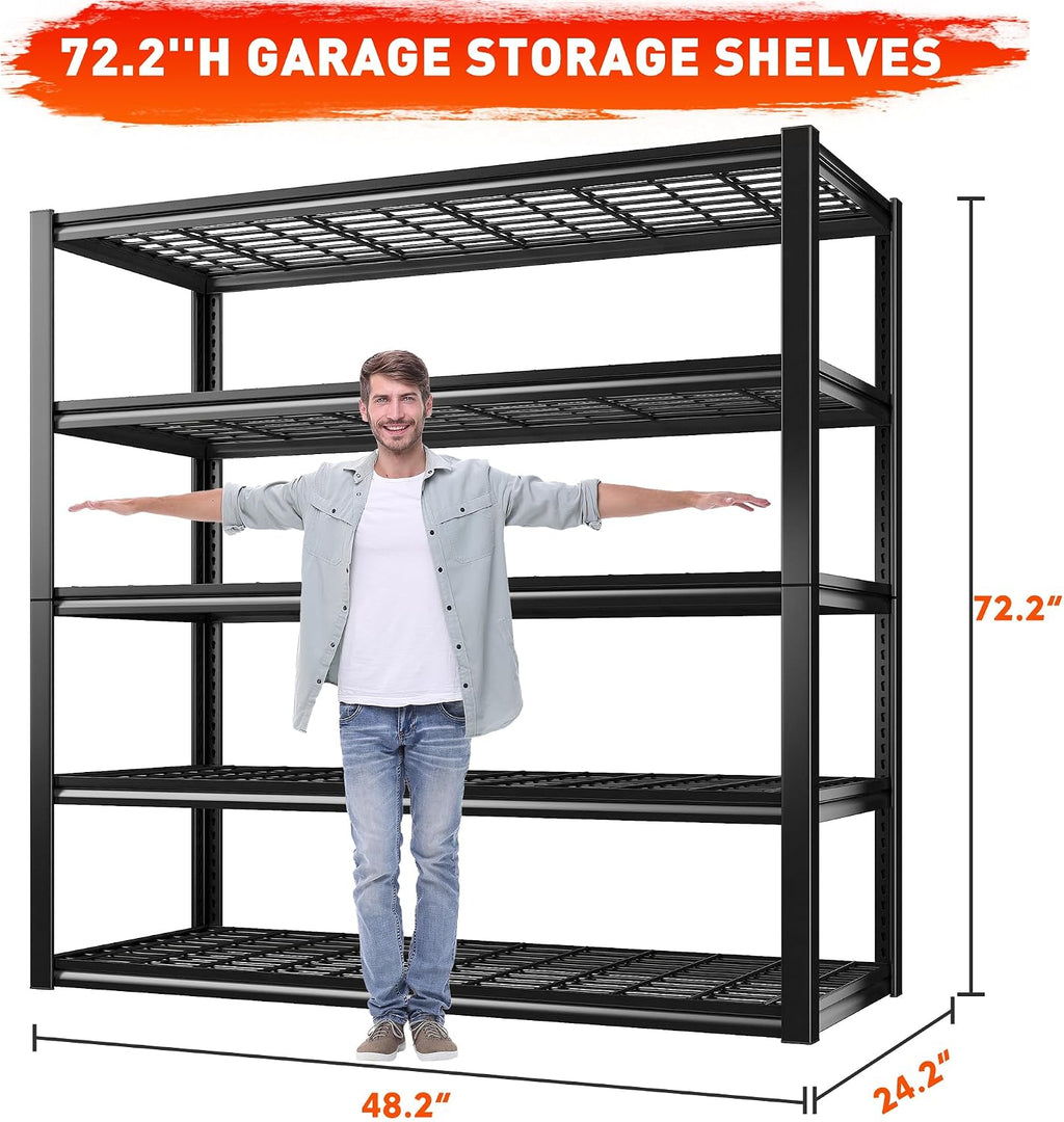 REIBII 48.2''W Garage Shelving Heavy Duty Metal Shelving 3000LBS Storage Shelves Adjustable Metal Shelves Industrial 5 Tier Garage Shelf for Basement Pantry Warehouse Supermarket, 2 Pack