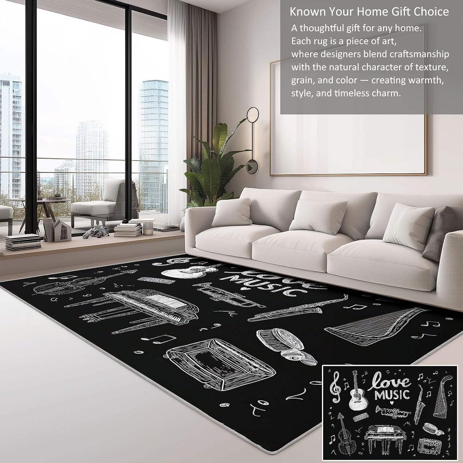 Bedroom Area Rugs 6 x 9 ft Hand-Drawn Instruments Guitar Piano Drums Carpet Machine Washable Rugs, Black Soft Flannel Non-Slip Carpet Mat, for Living Room Office Kitchen Floormat
